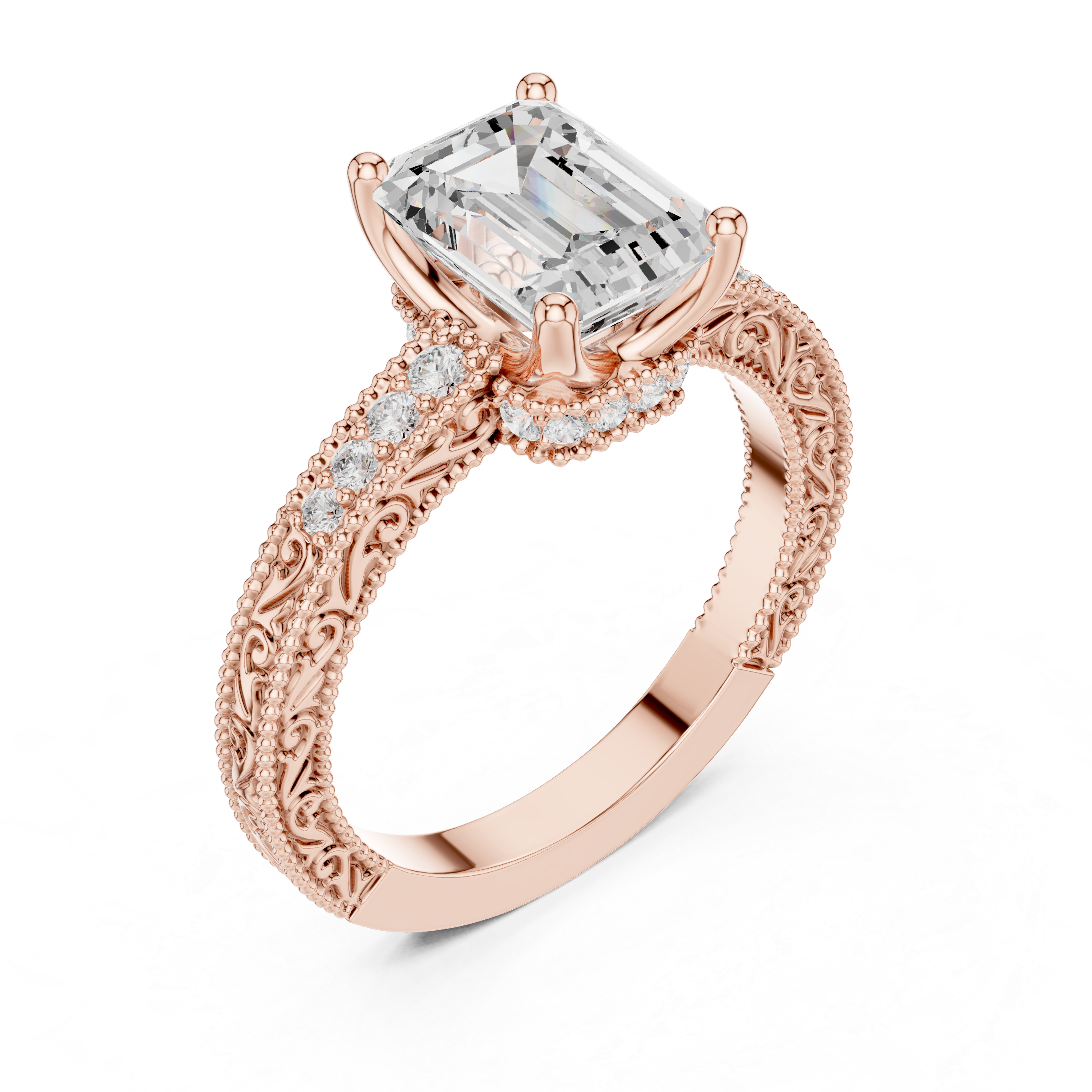 Emerald Cut Filigree with Milgrain Pave Band Engagement Ring