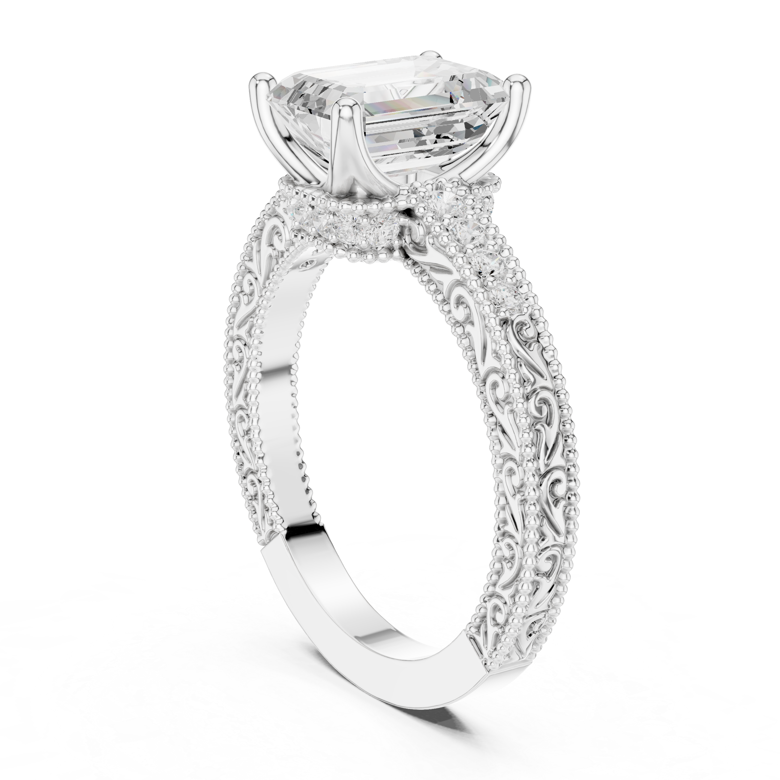 Emerald Cut Filigree with Milgrain Pave Band Engagement Ring