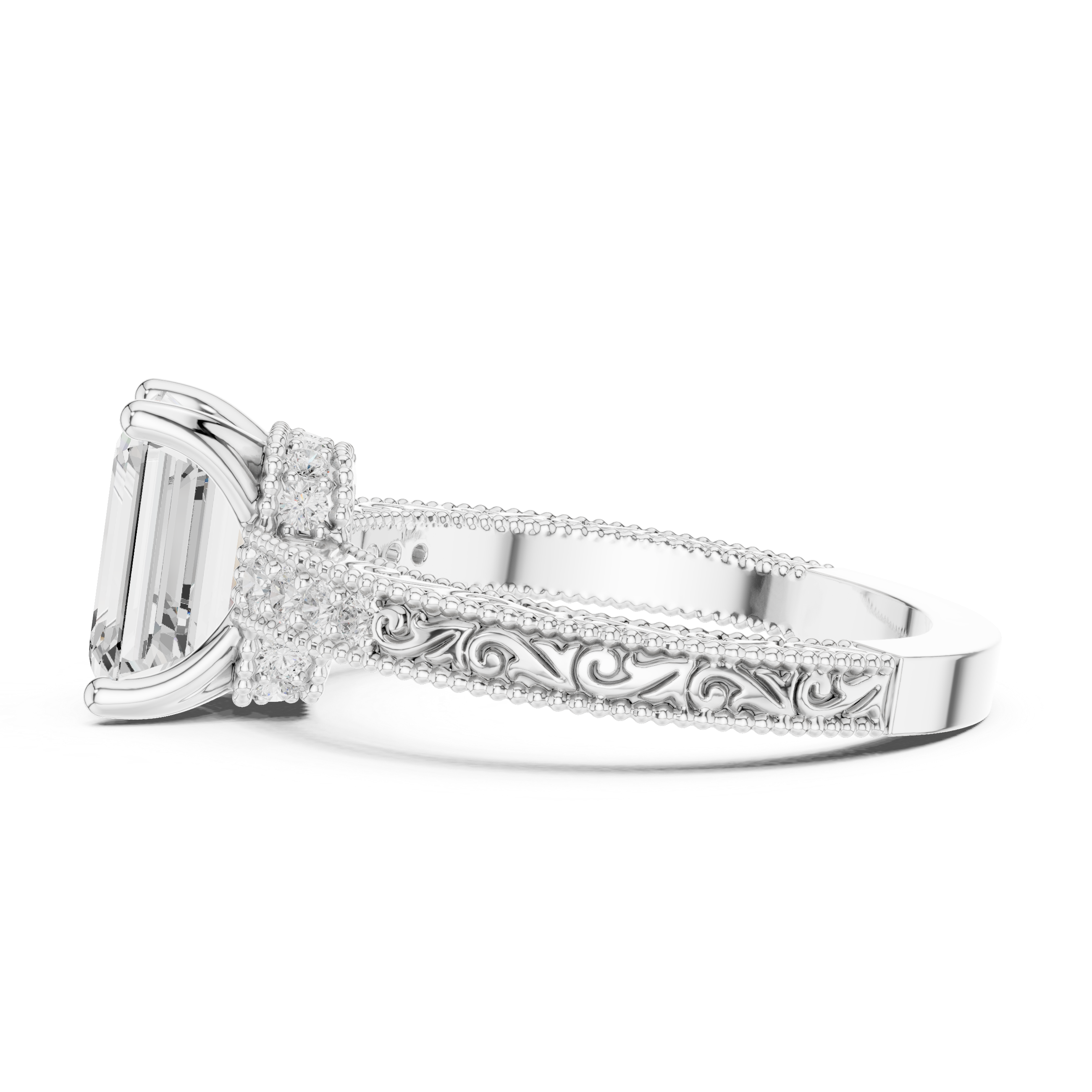 Emerald Cut Filigree with Milgrain Pave Band Engagement Ring