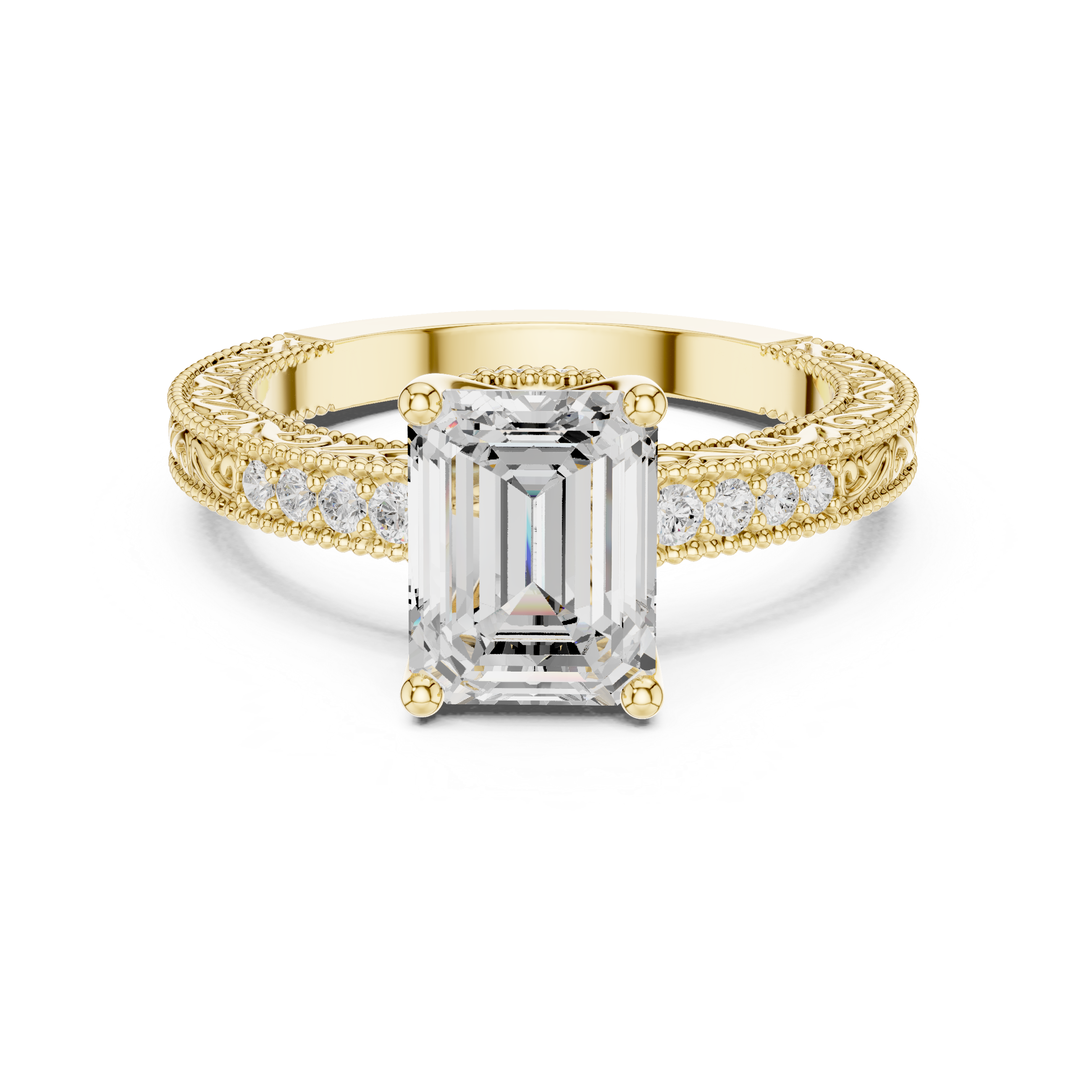 Emerald Cut Filigree with Milgrain Pave Band Engagement Ring