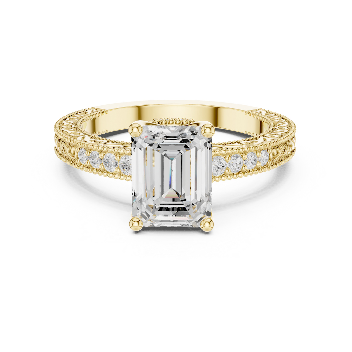Emerald Cut Filigree with Milgrain Pave Band Engagement Ring