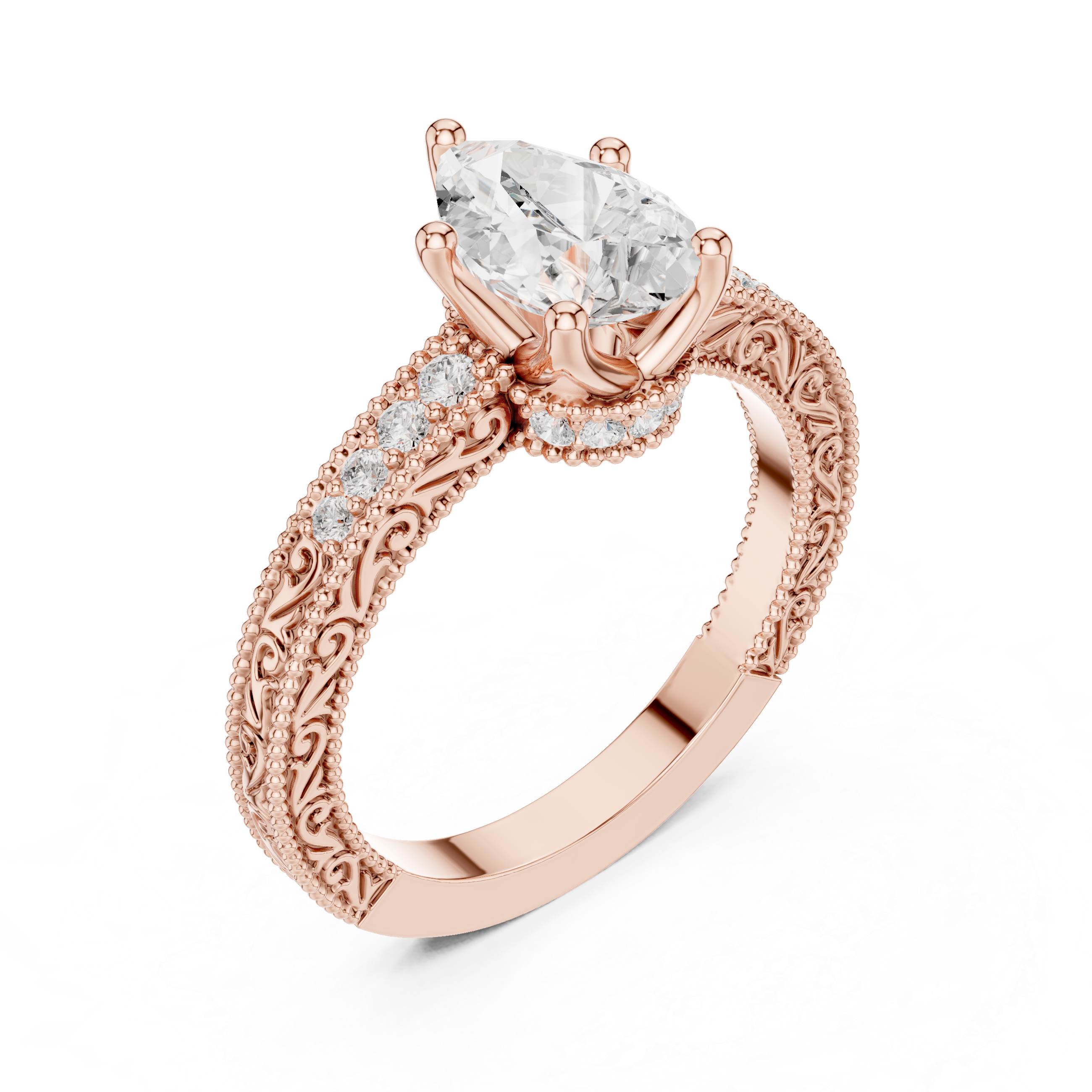 Pear Cut Filigree with Milgrain Pave Band Engagement Ring