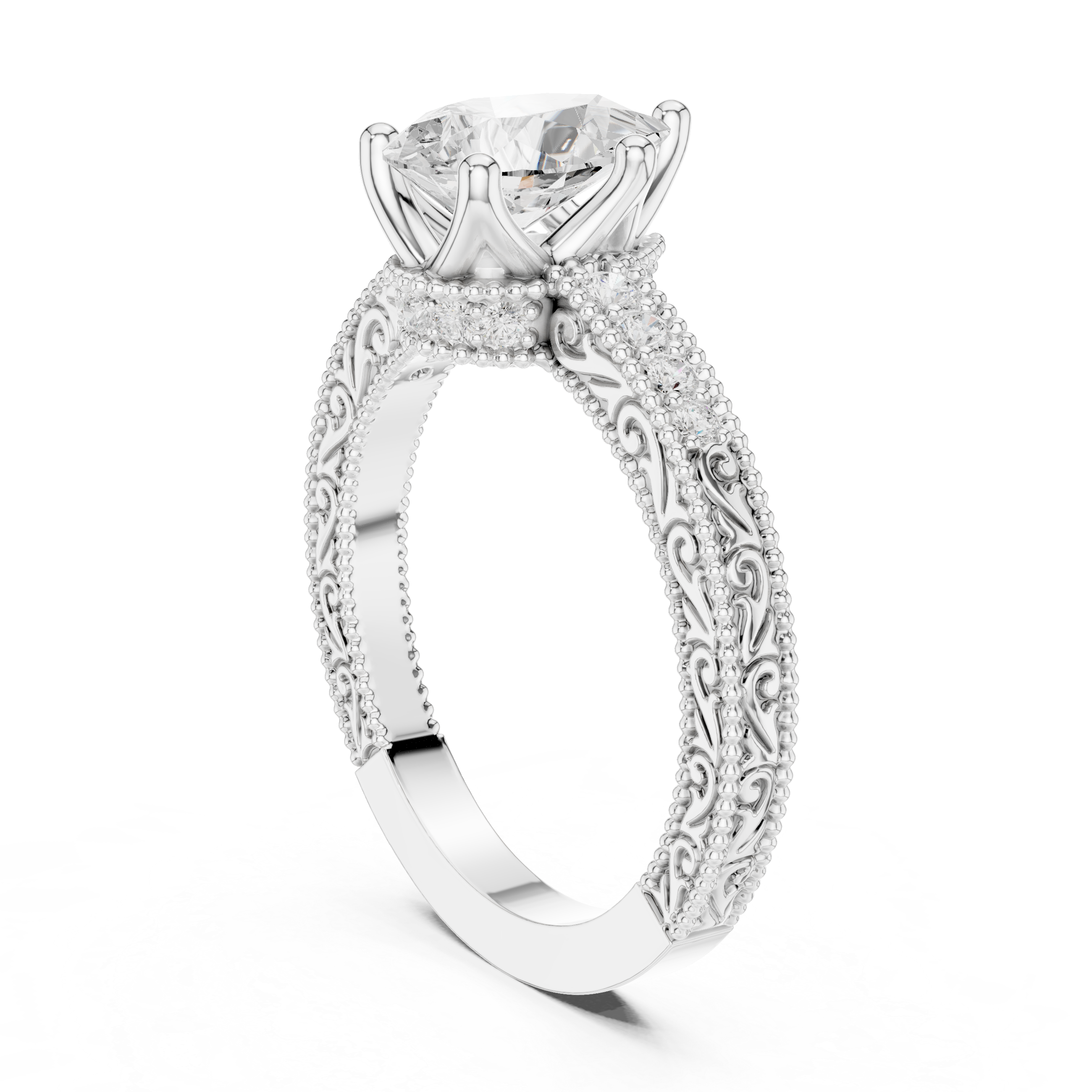 Pear Cut Filigree with Milgrain Pave Band Engagement Ring