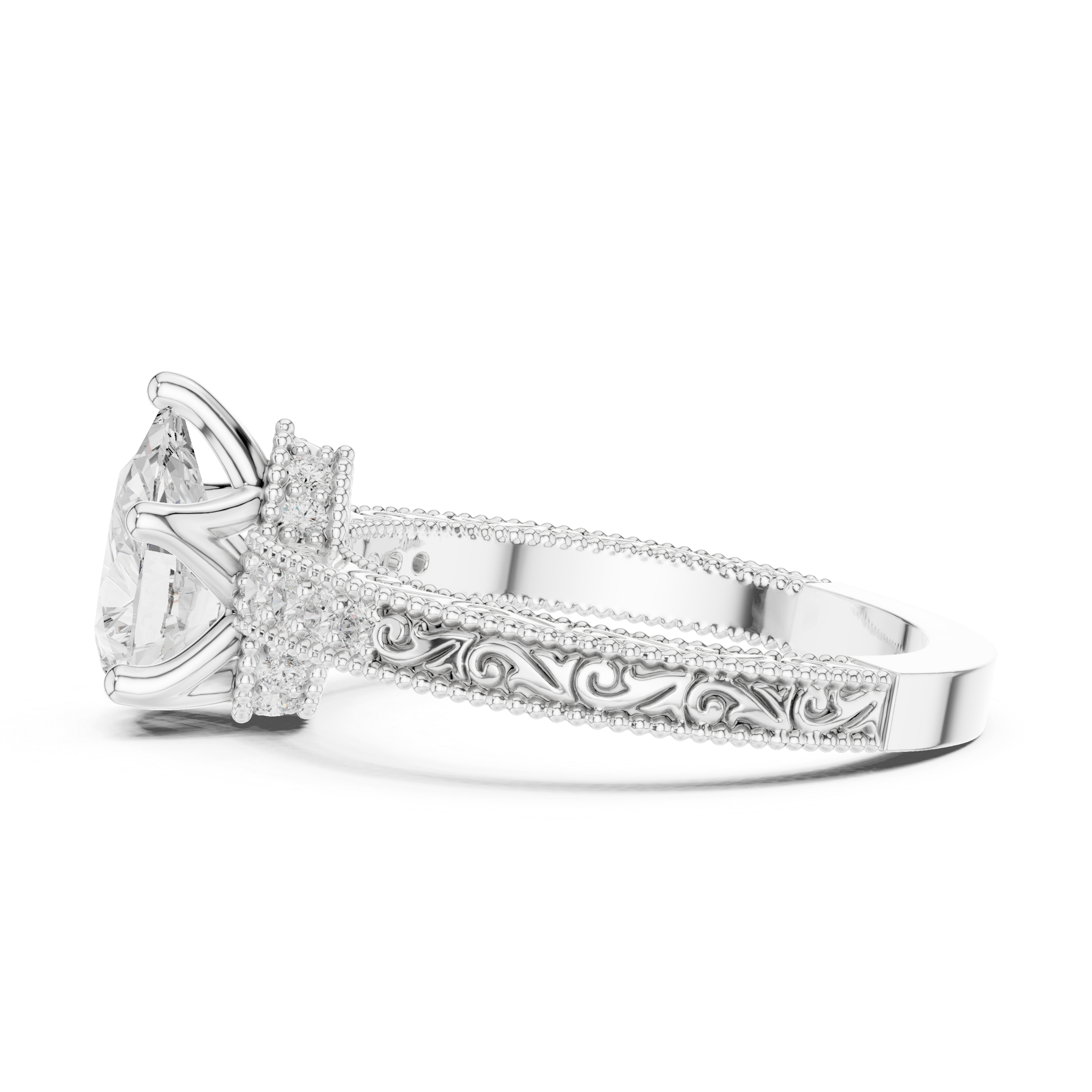 Pear Cut Filigree with Milgrain Pave Band Engagement Ring