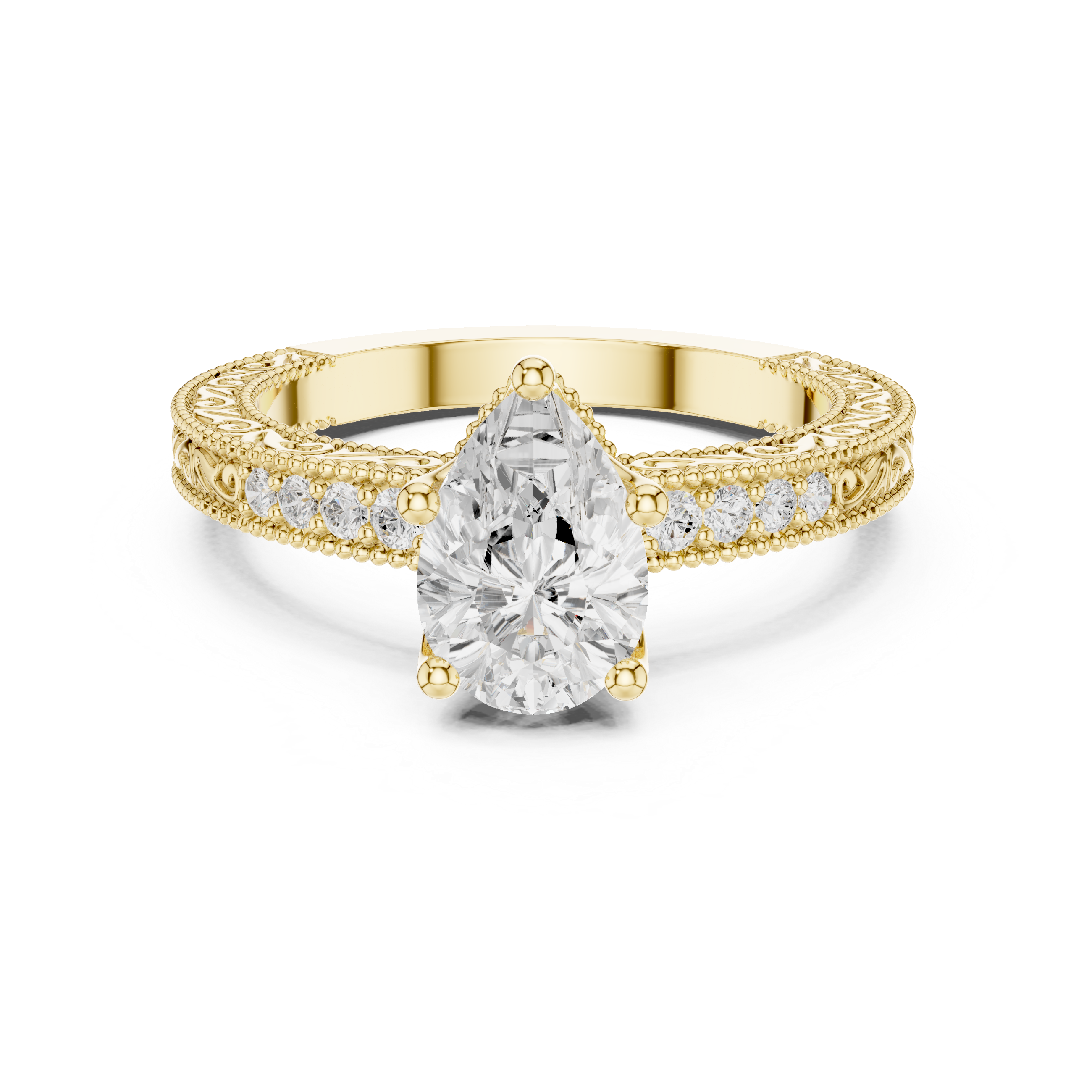 Pear Cut Filigree with Milgrain Pave Band Engagement Ring