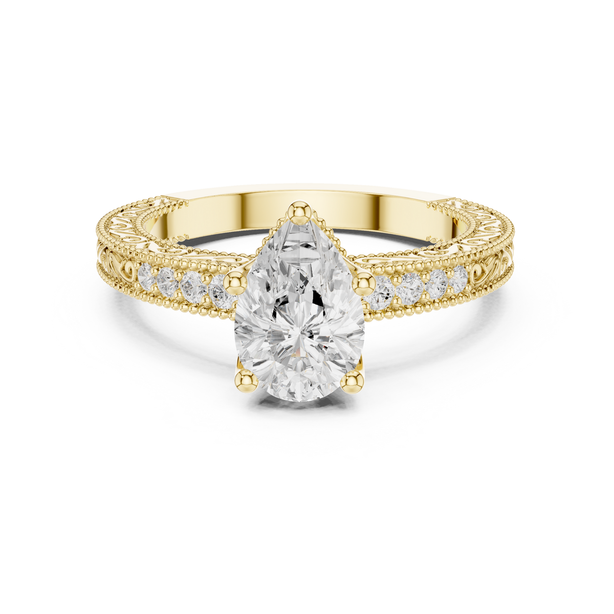 Pear Cut Filigree with Milgrain Pave Band Engagement Ring