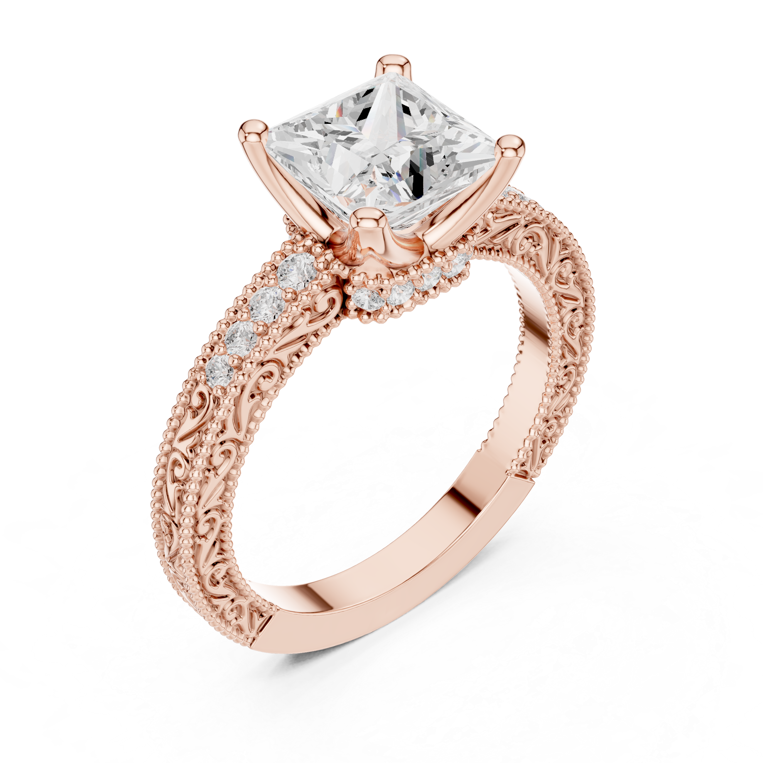 Princess Cut Filigree with Milgrain Pave Band Engagement Ring