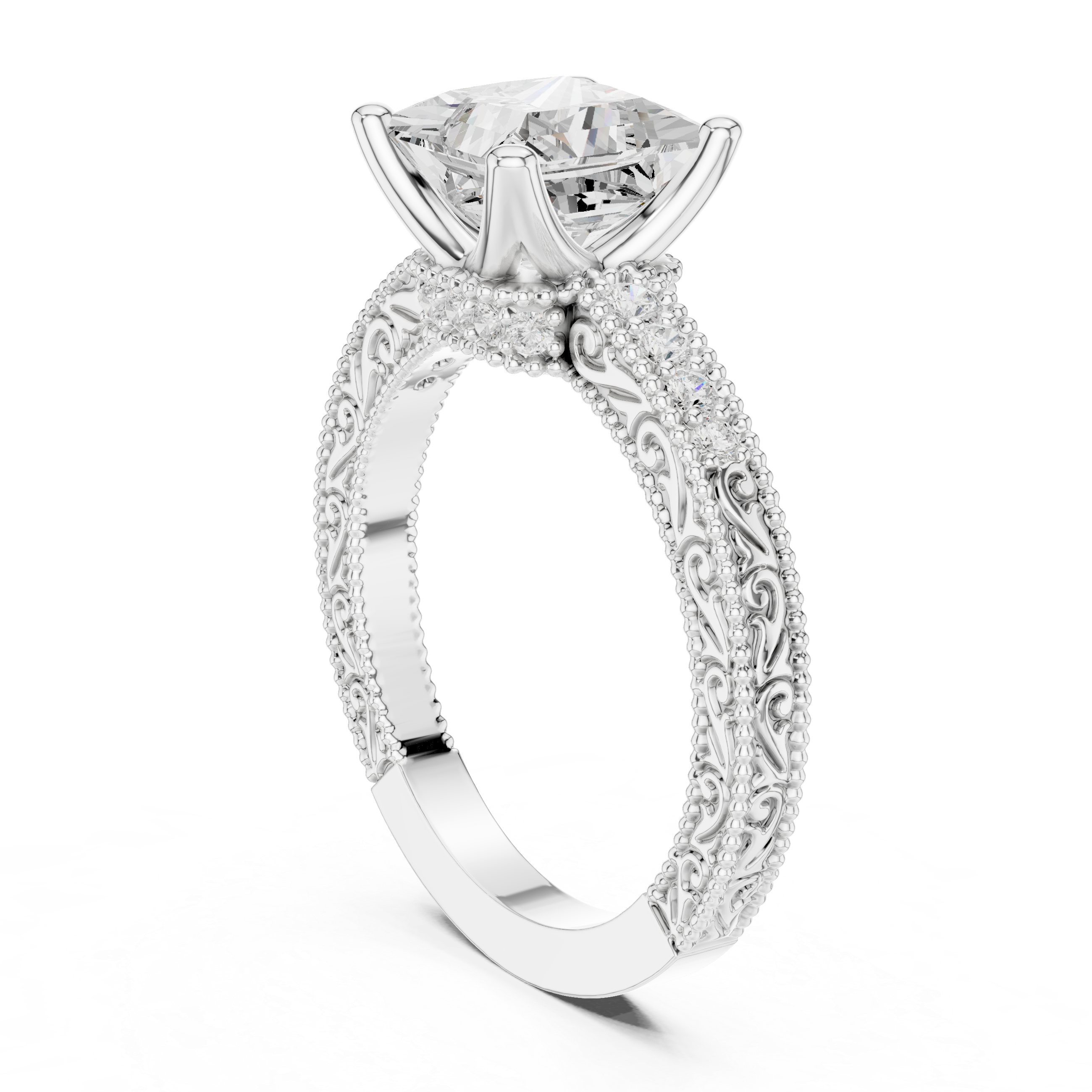 Princess Cut Filigree with Milgrain Pave Band Engagement Ring