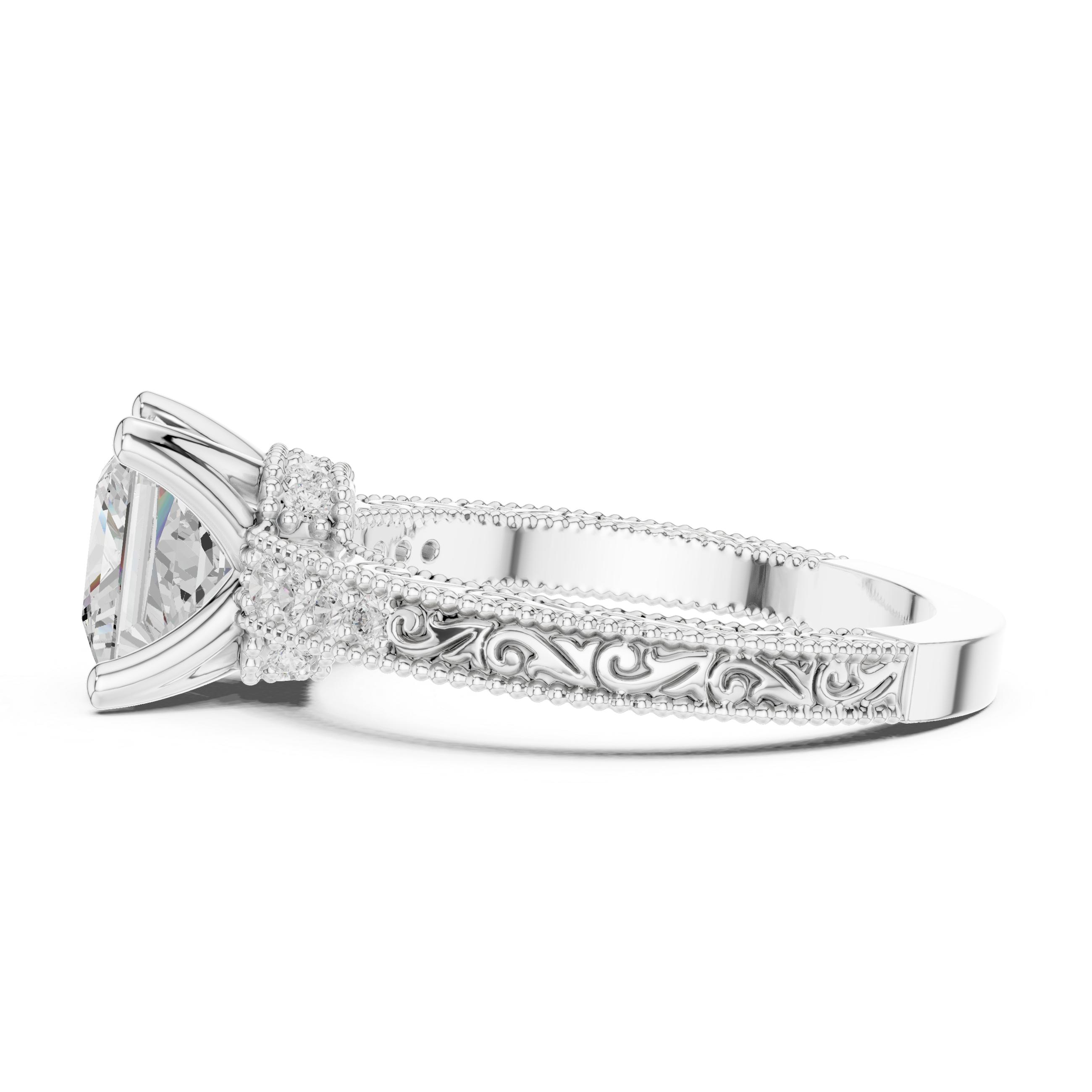 Princess Cut Filigree with Milgrain Pave Band Engagement Ring