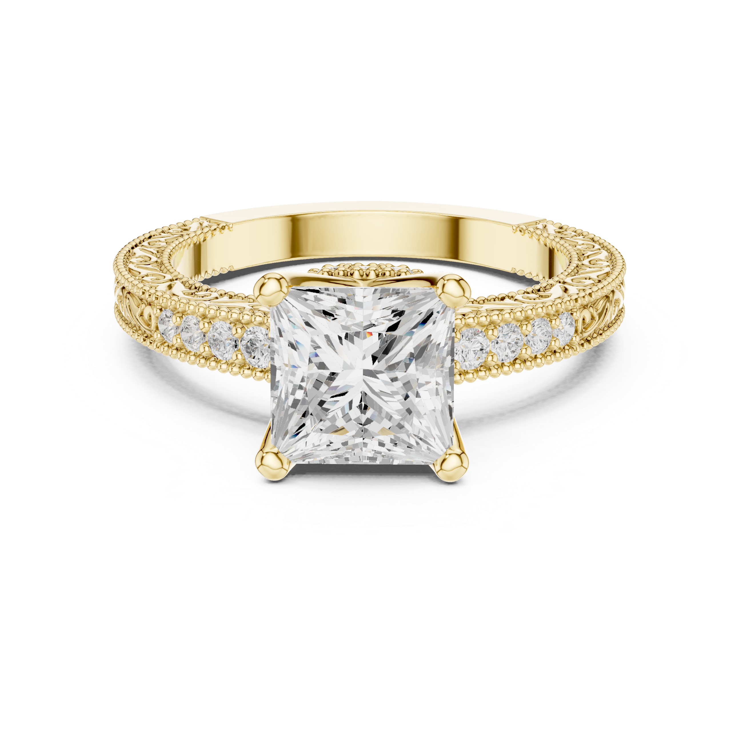 Princess Cut Filigree with Milgrain Pave Band Engagement Ring