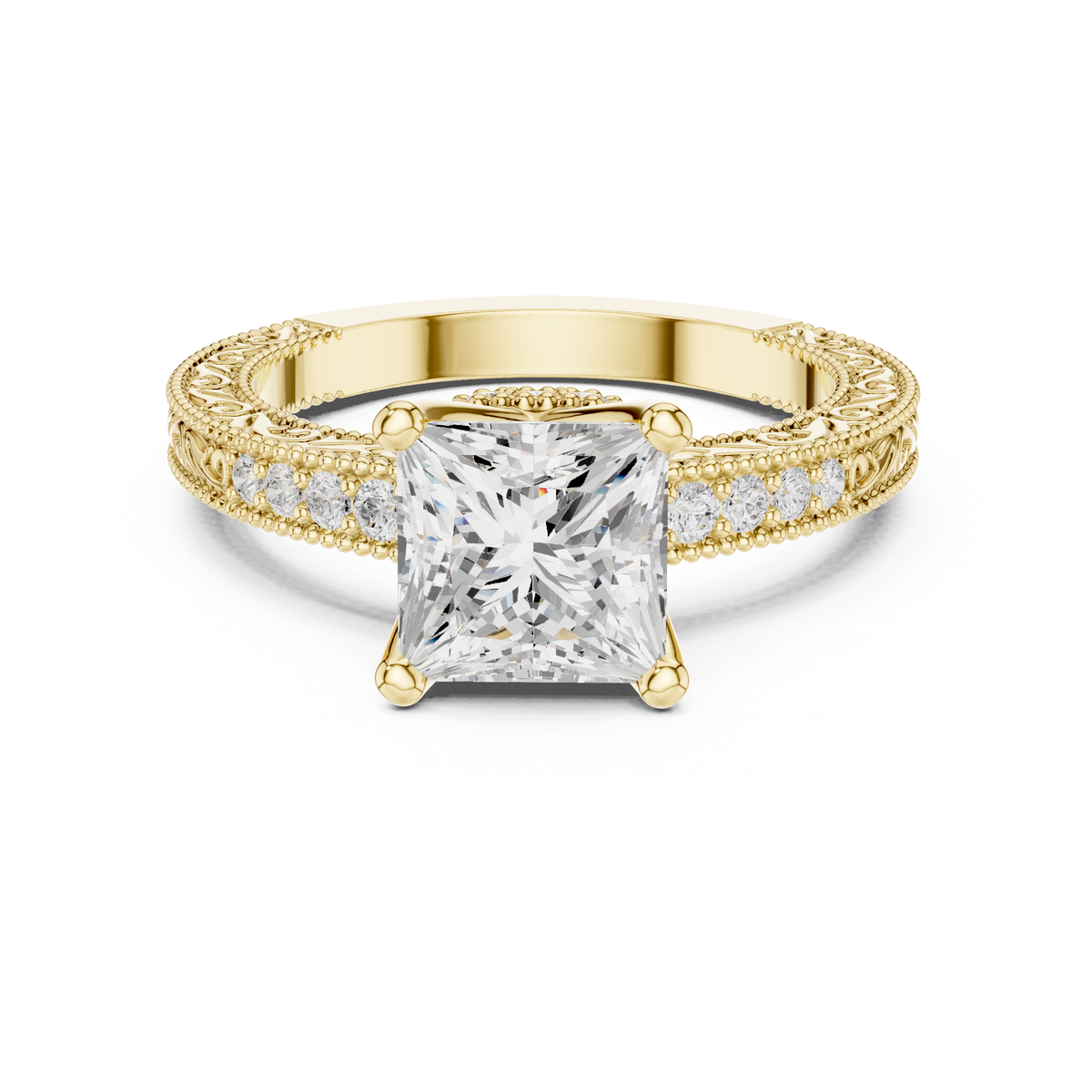 Princess Cut Filigree with Milgrain Pave Band Engagement Ring