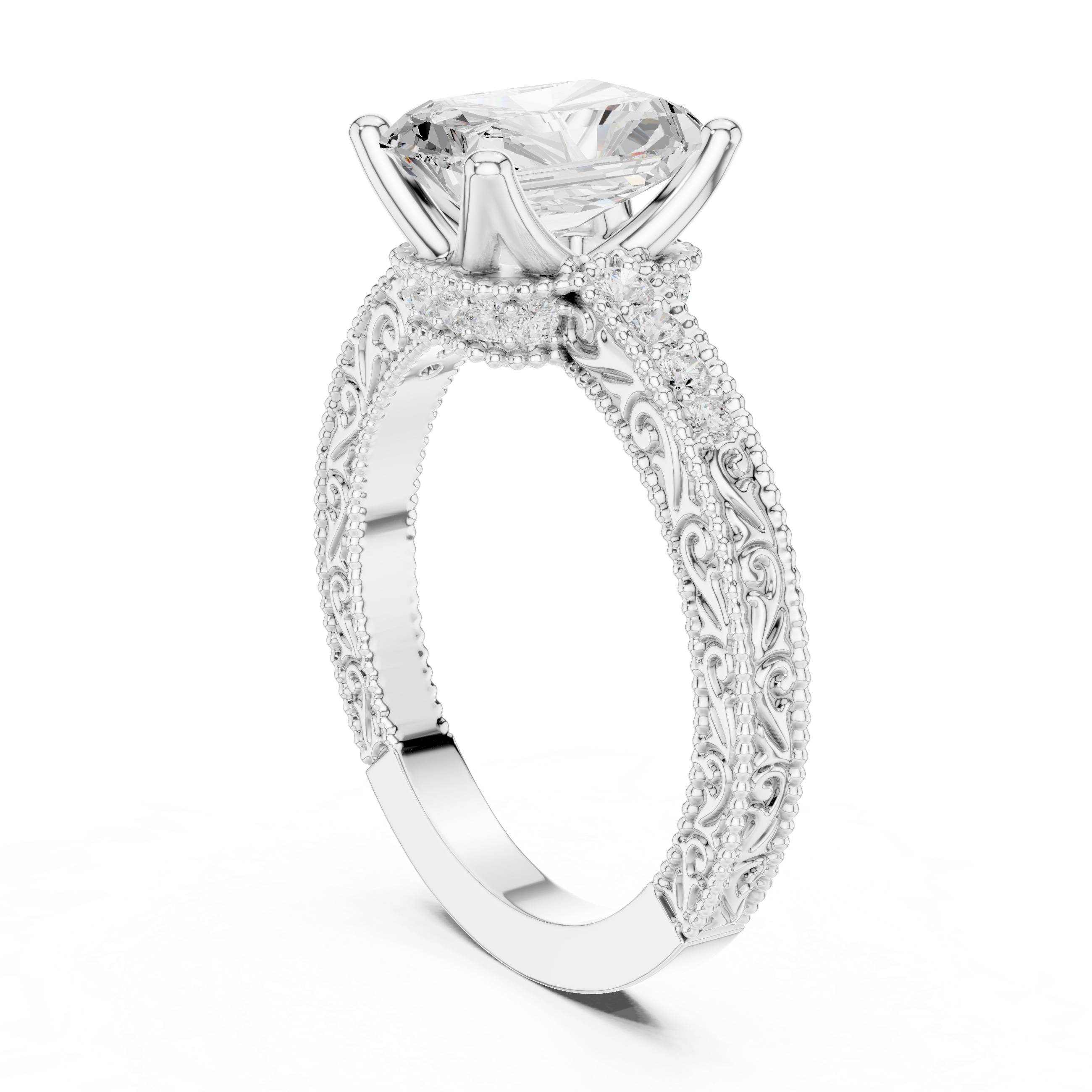 Radiant Cut Filigree with Milgrain Pave Band Engagement Ring
