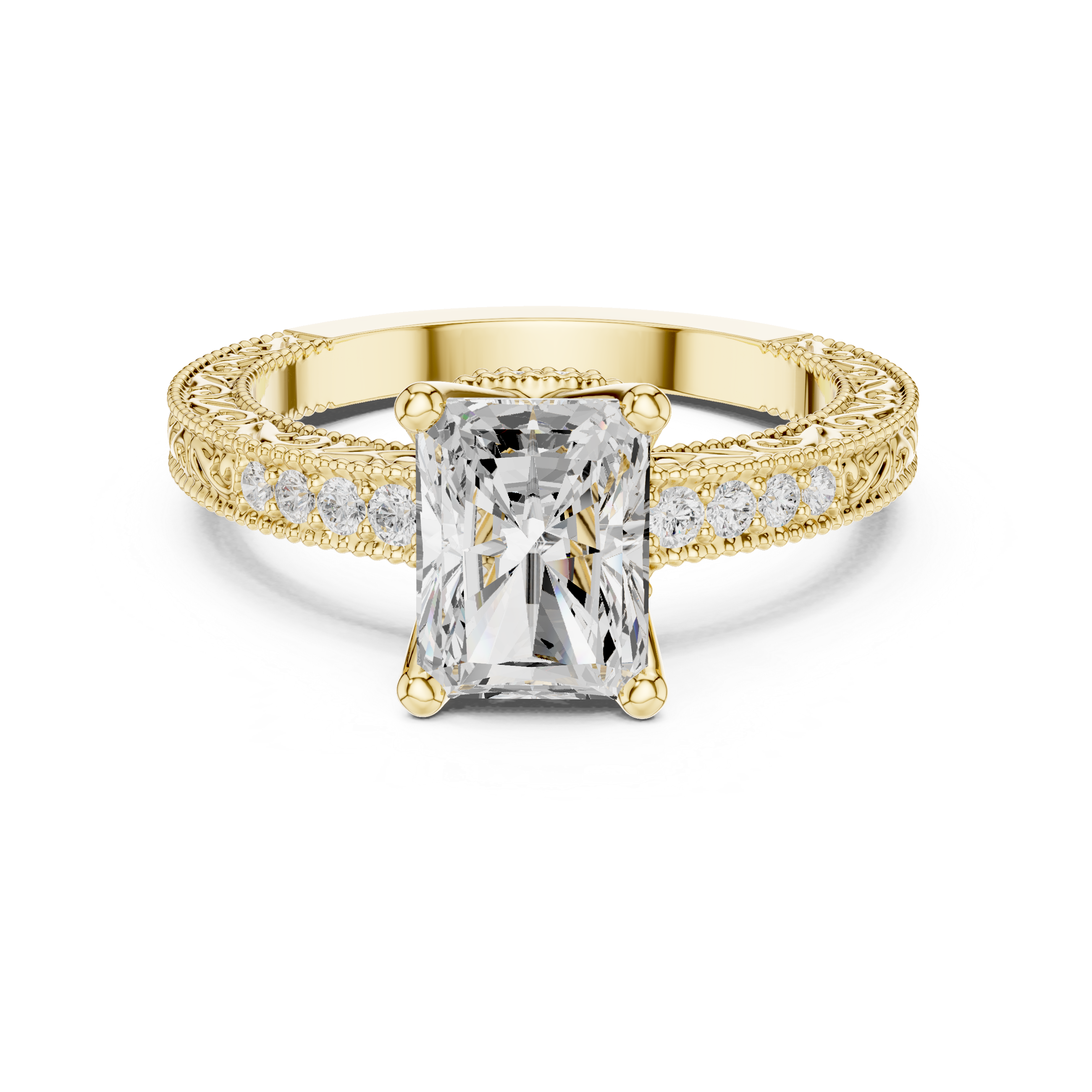 Radiant Cut Filigree with Milgrain Pave Band Engagement Ring