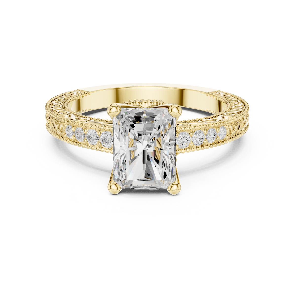 Radiant Cut Filigree with Milgrain Pave Band Engagement Ring