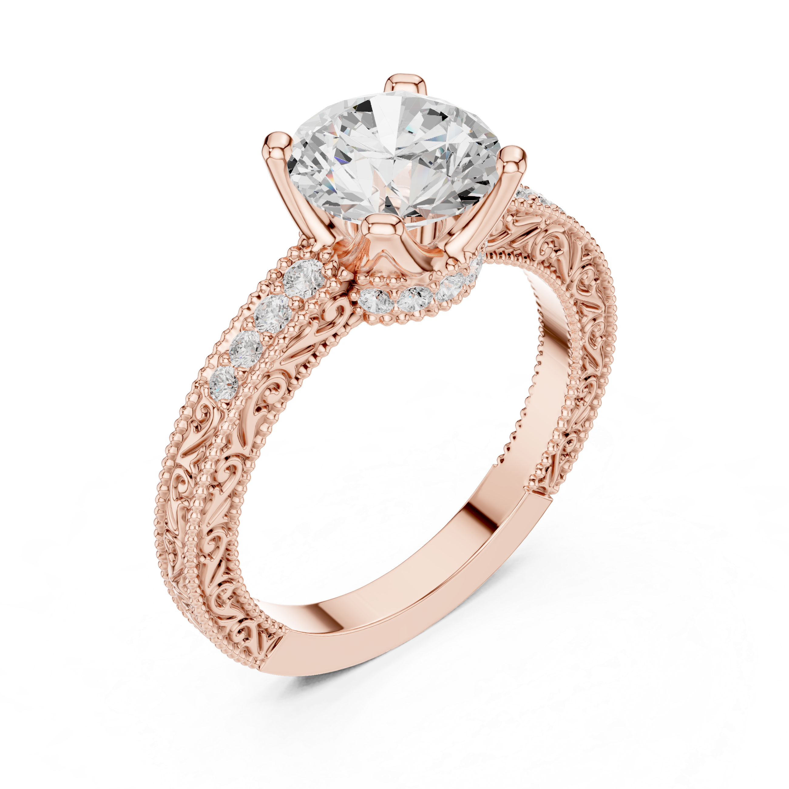 Round Cut Filigree with Milgrain Pave Band Engagement Ring