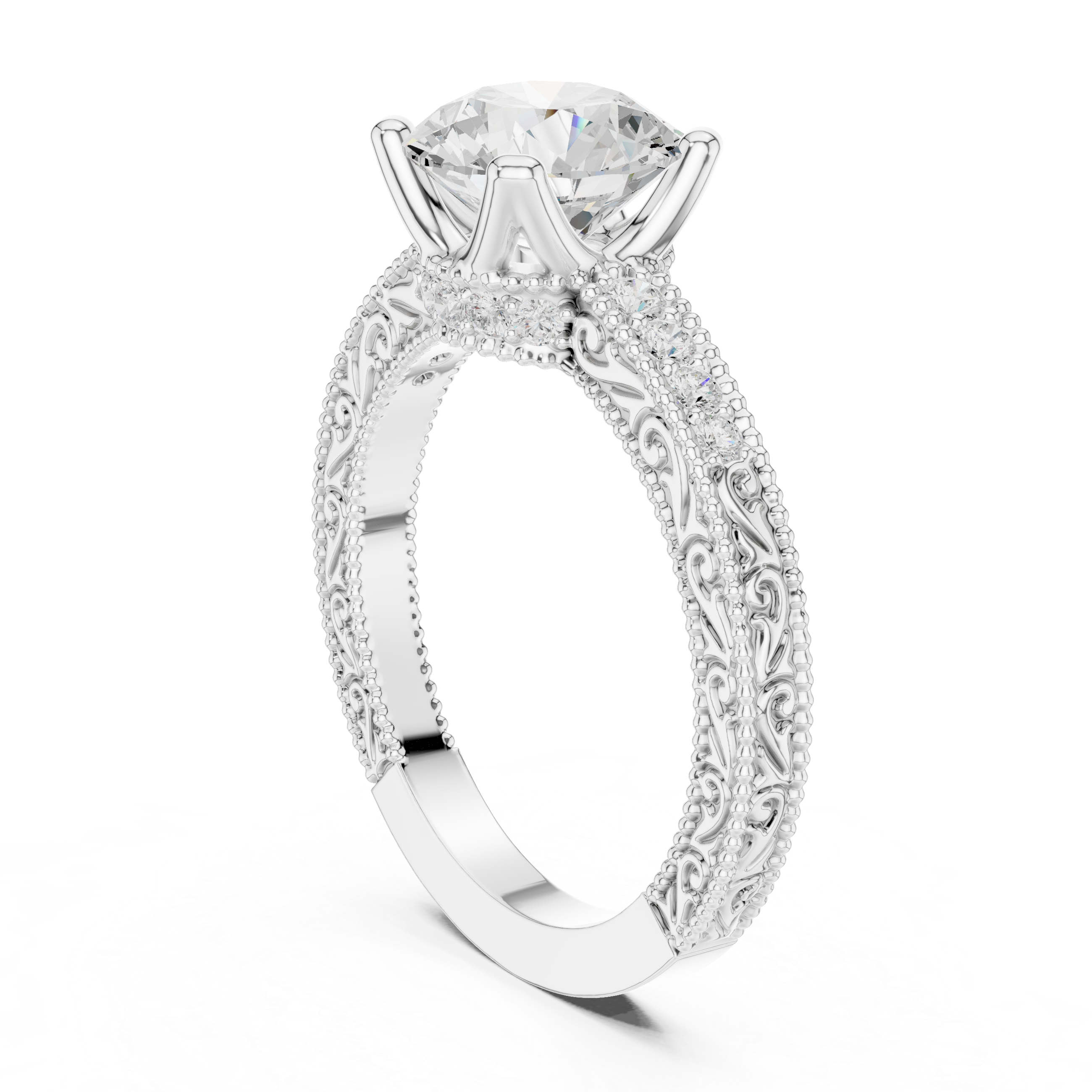 Round Cut Filigree with Milgrain Pave Band Engagement Ring