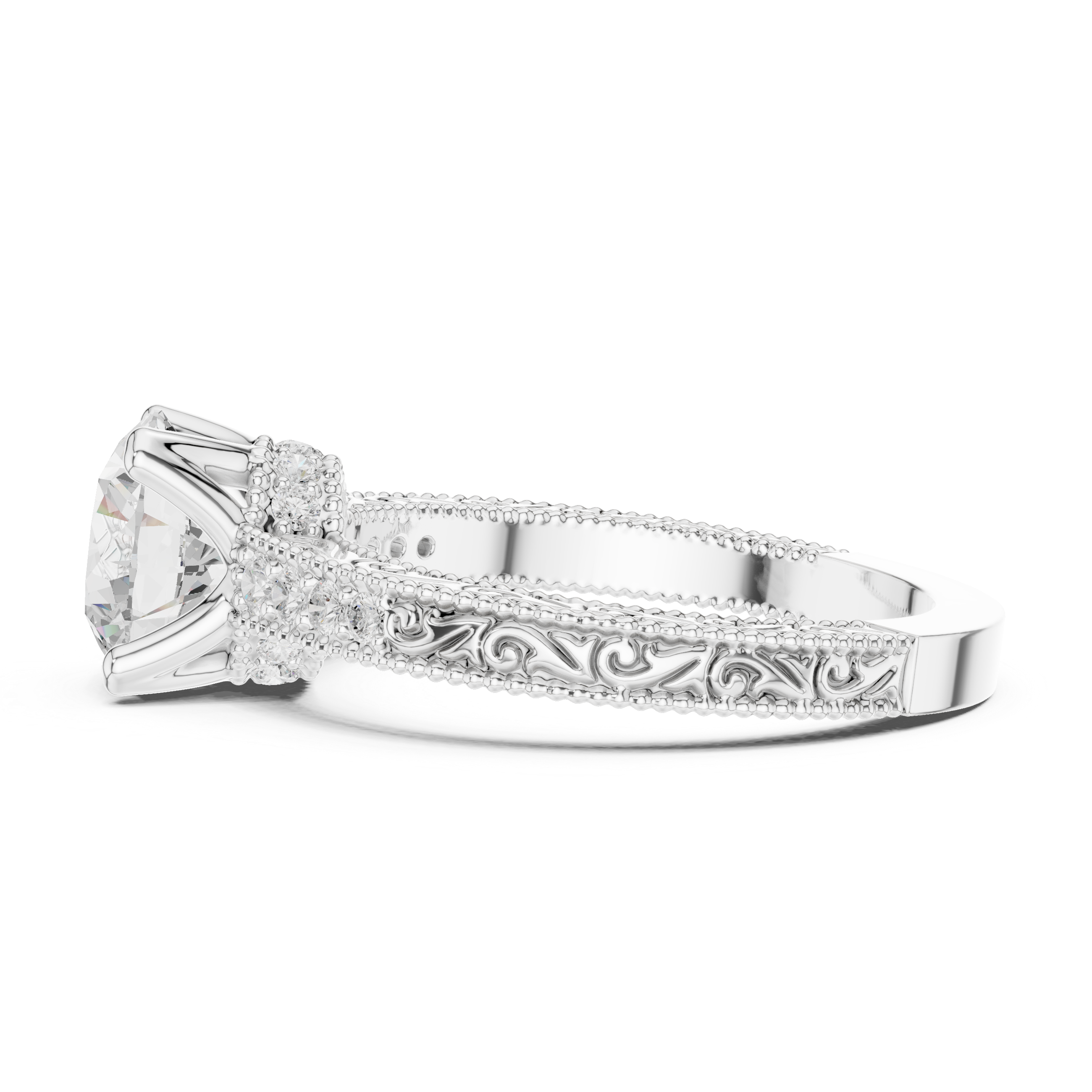 Round Cut Filigree with Milgrain Pave Band Engagement Ring