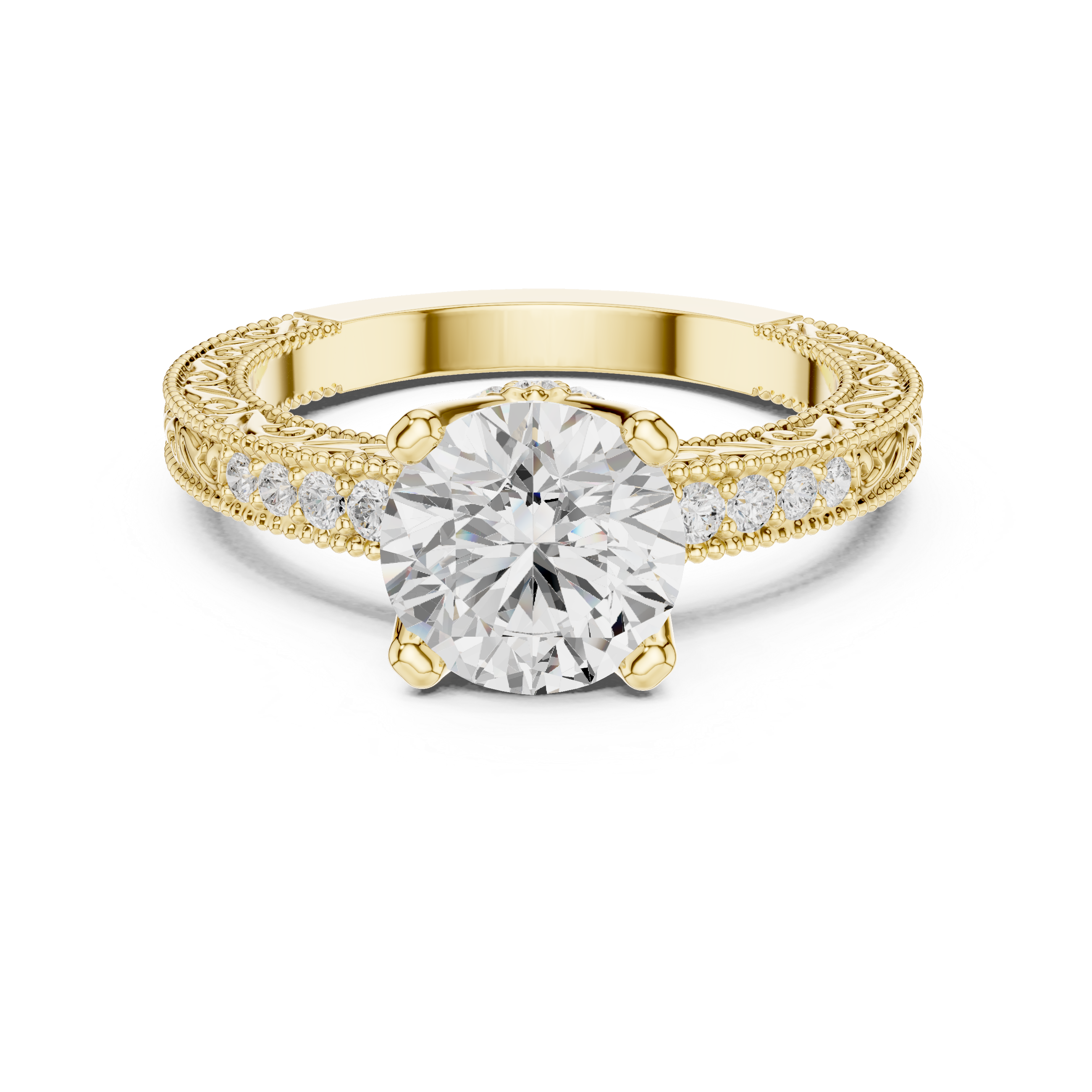 Round Cut Filigree with Milgrain Pave Band Engagement Ring