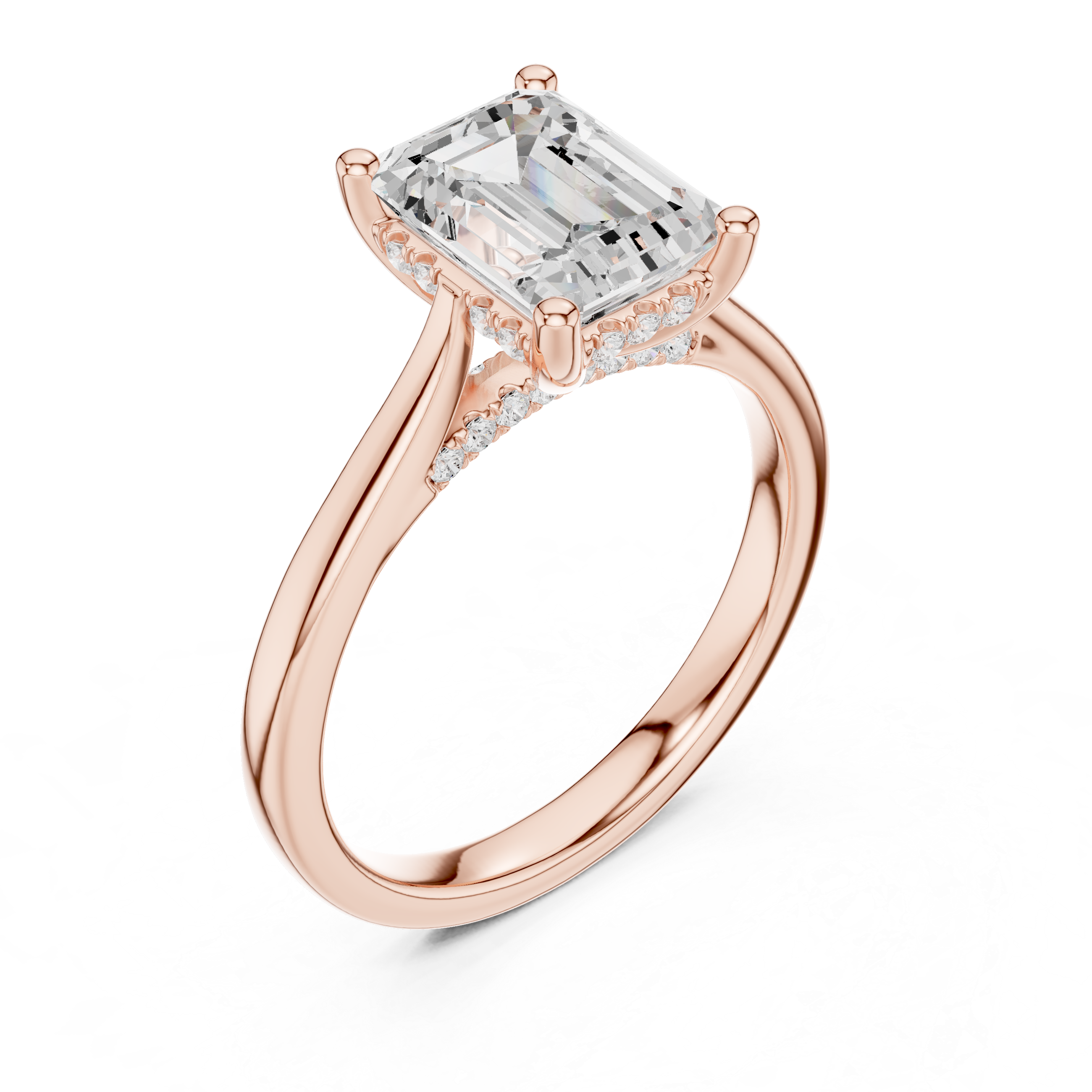Emerald Cut Solitaire Hidden Halo with Pave Engagement Ring