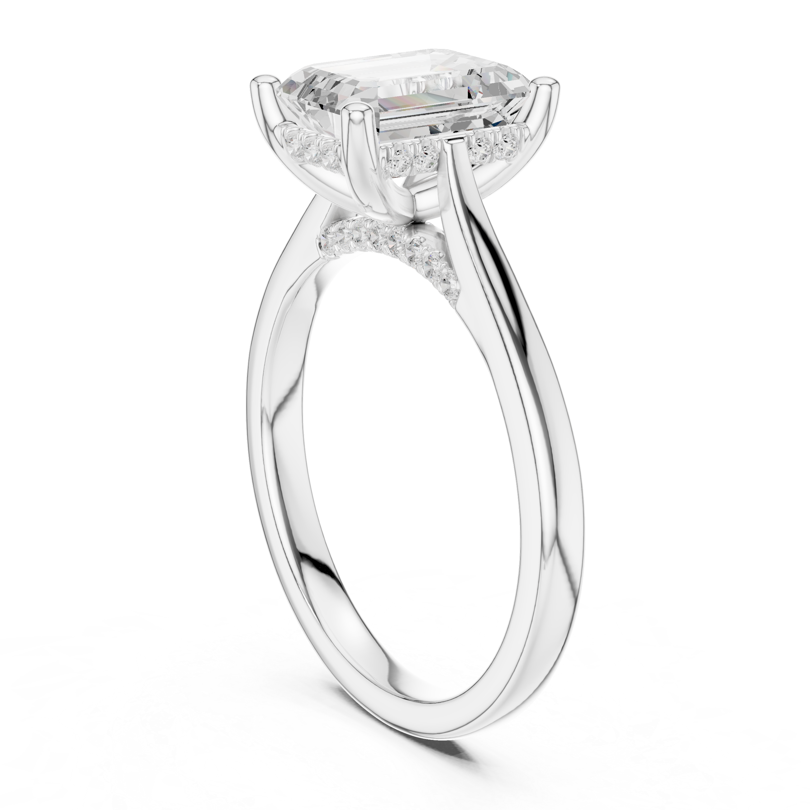 Emerald Cut Solitaire Hidden Halo with Pave Engagement Ring