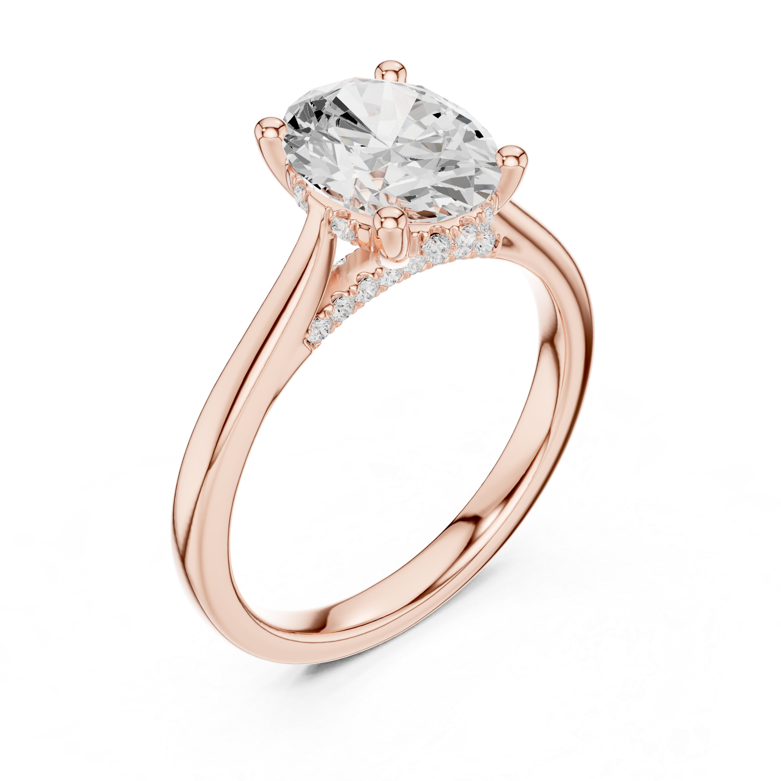 Oval Cut Solitaire Hidden Halo with Pave Engagement Ring