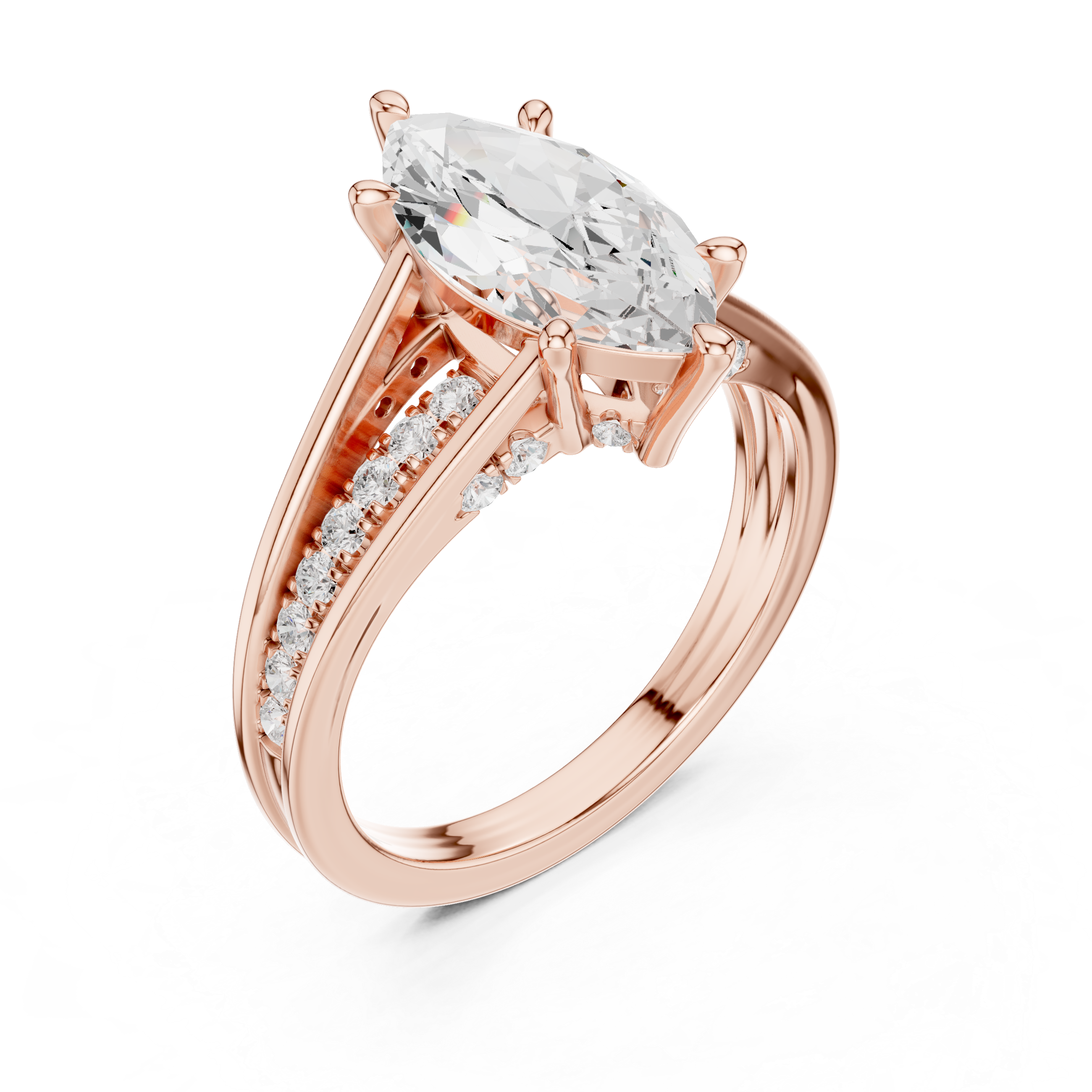 Marquise Cut split shank Band With Hidden Halo Diamond Engagement Ring