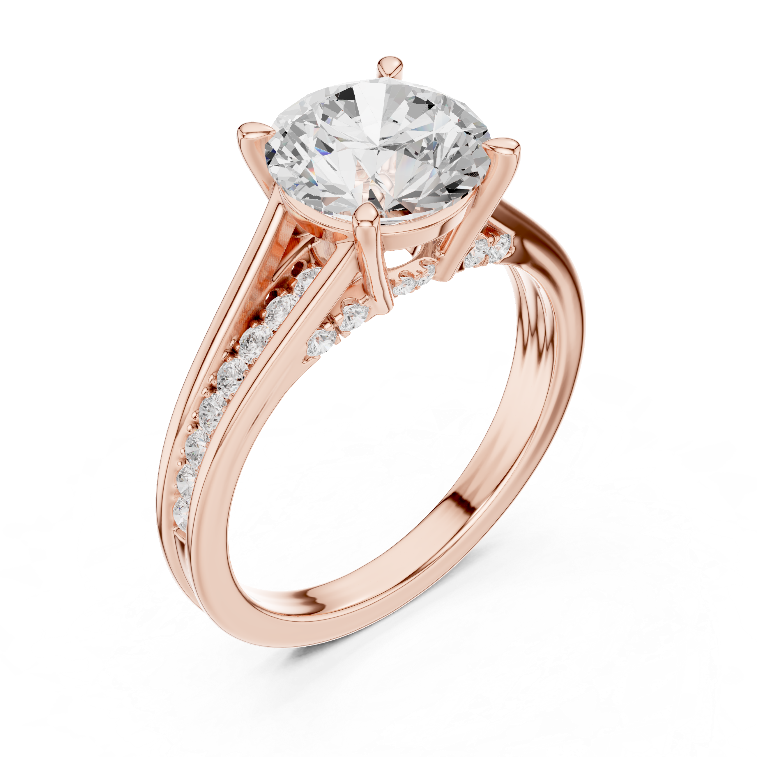 Round Cut split shank Band With Hidden Halo Diamond Engagement Ring