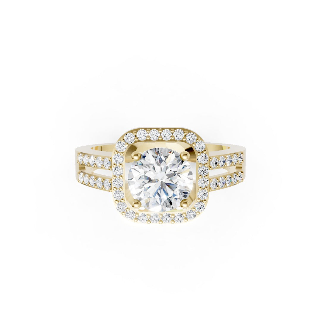 Round Cut Diamond Halo with Split Pave Shank Ring