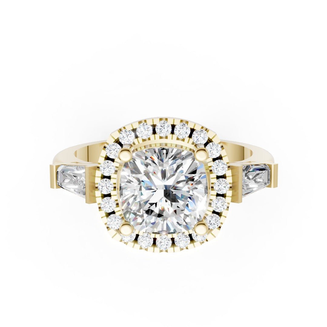 Cushion Cut Diamond Halo Ring With Tapper Baguette