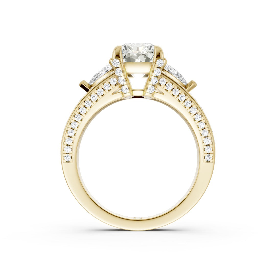 Radiant Diamond With Pear Side Stones & Double Pave Ring