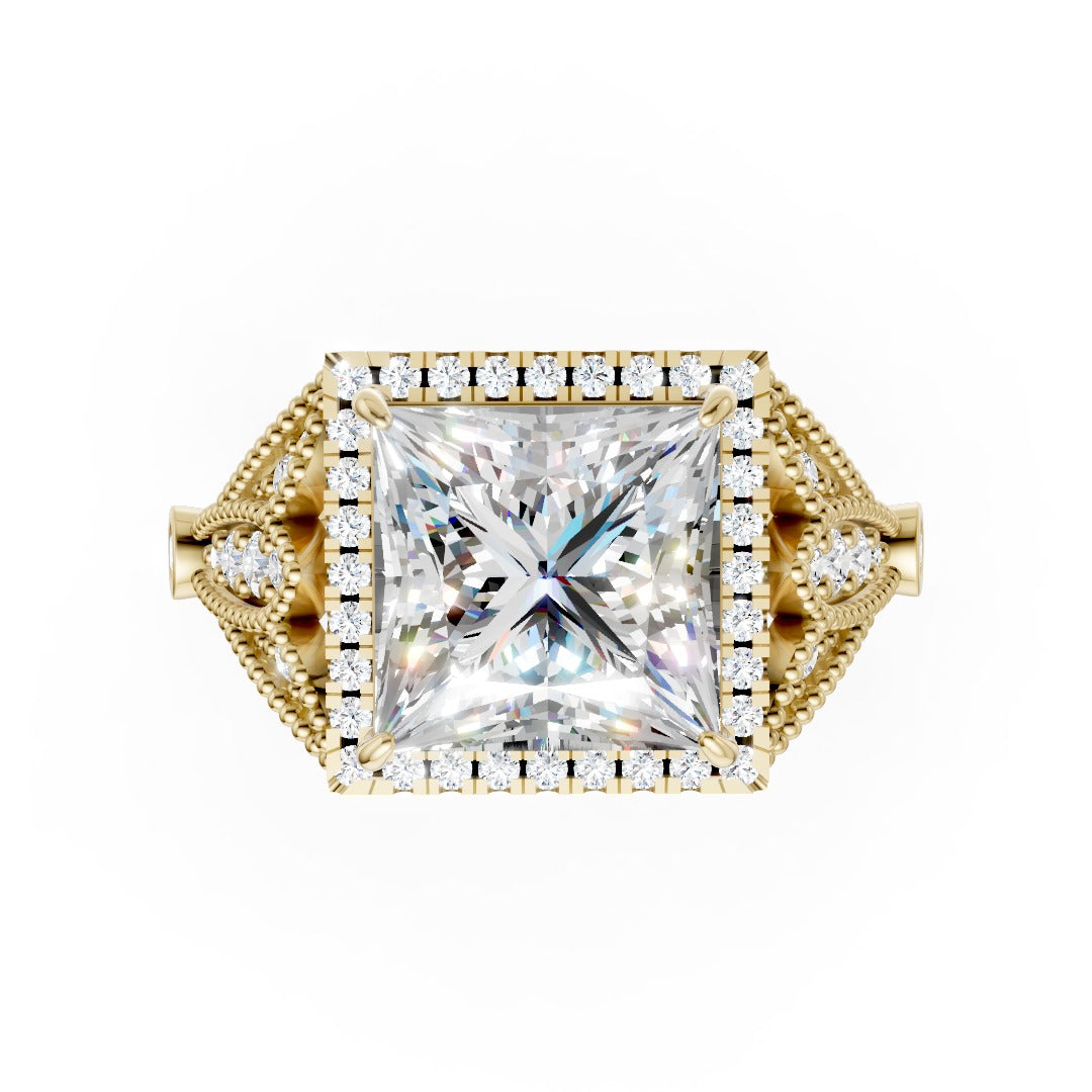 Vintage Inspired Princess Cut Lab Diamond Milgrain Halo Wedding Ring