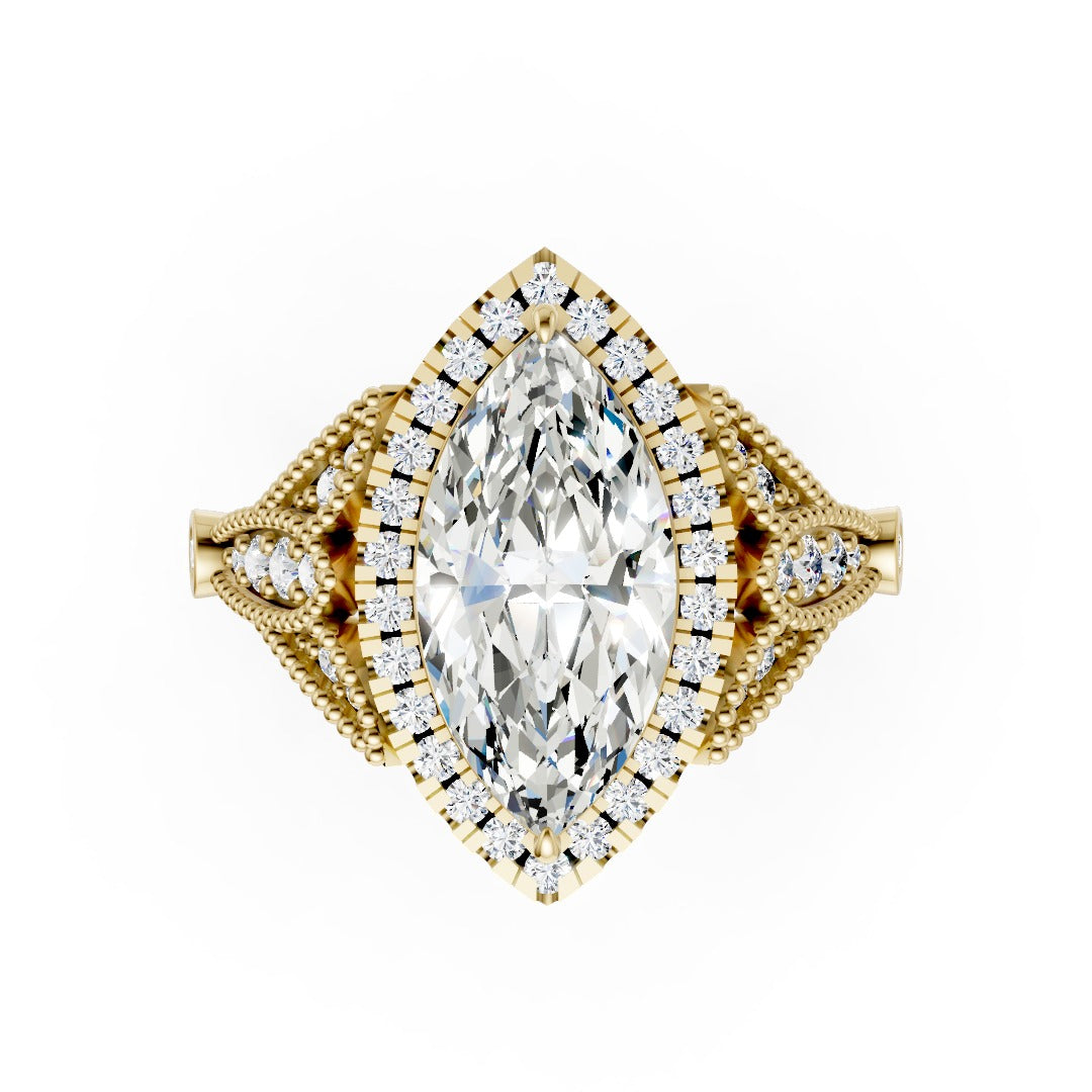 Vintage Inspired Marquise Cut Lab Diamond Milgrain Halo Wedding Ring
