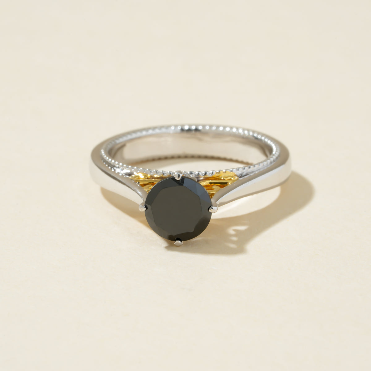 Black Solitaire Round Milgrain Ring