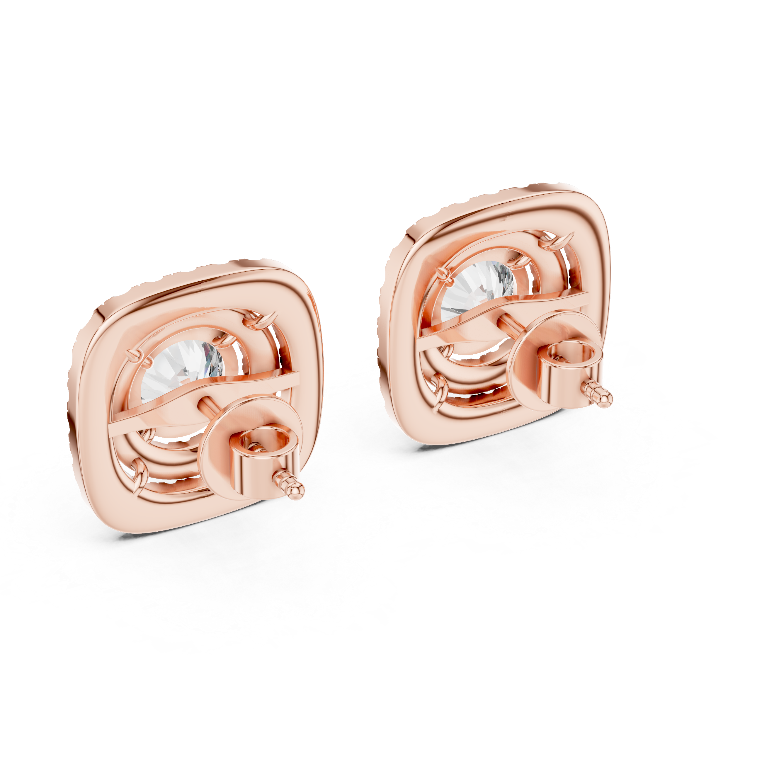 Round Cut Diamond Double Cushion Halo Stud Earrings