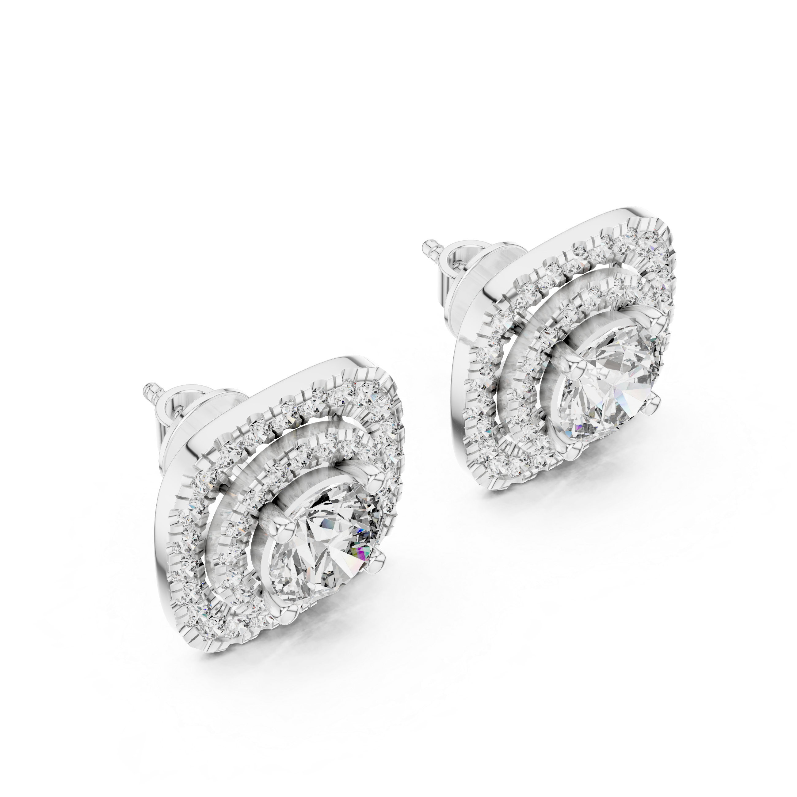 Round Cut Diamond Double Cushion Halo Stud Earrings