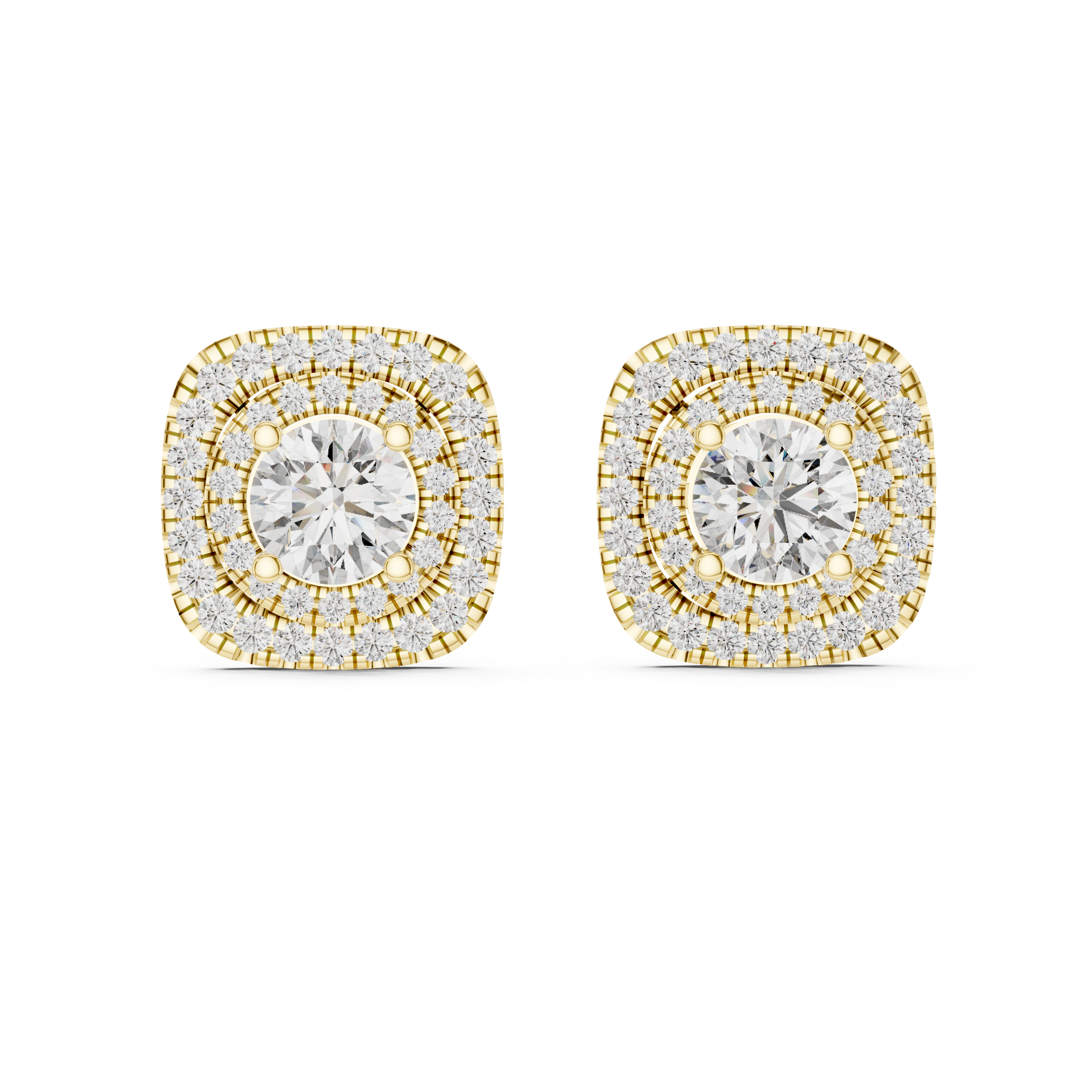 Round Cut Diamond Double Cushion Halo Stud Earrings