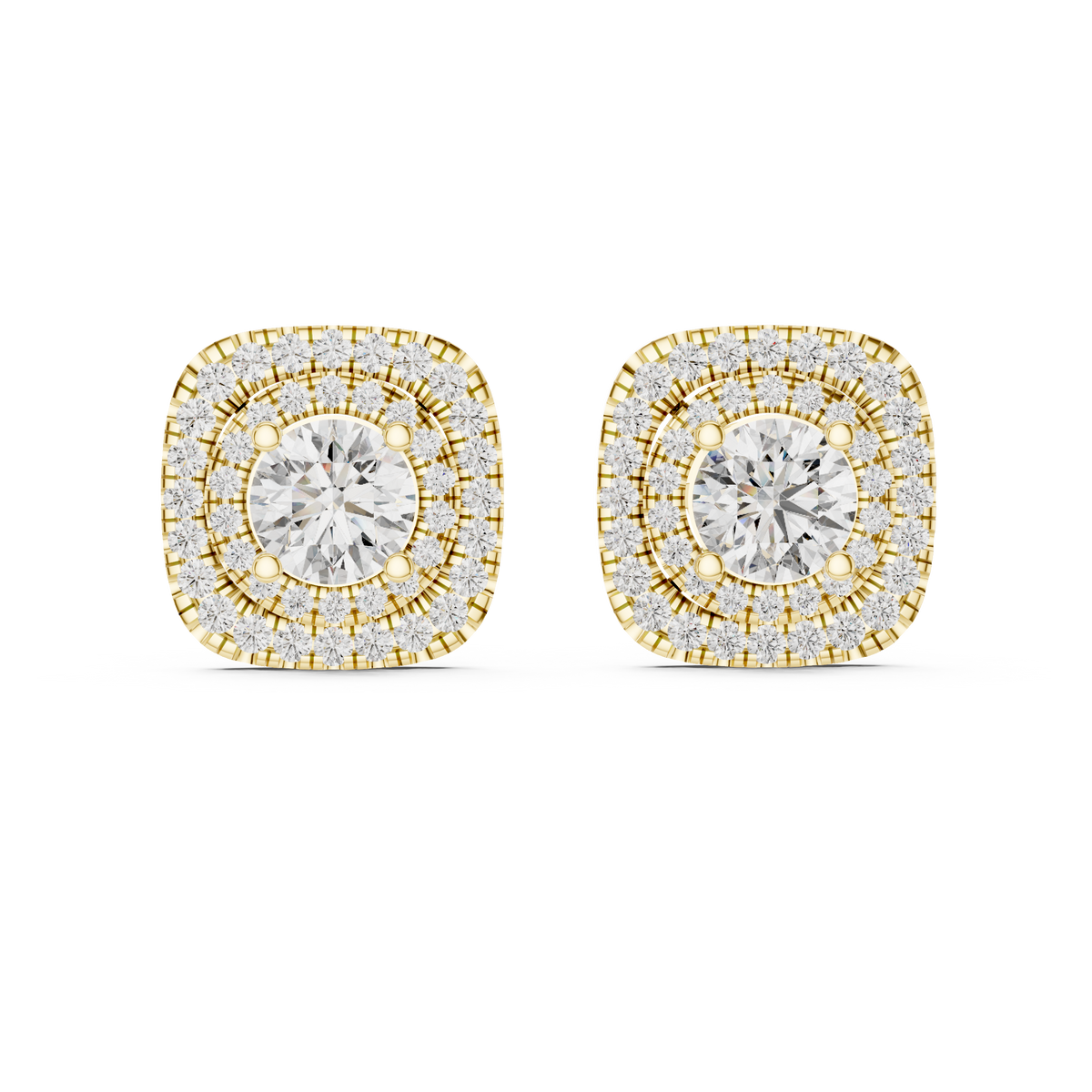 Round Cut Diamond Double Cushion Halo Stud Earrings