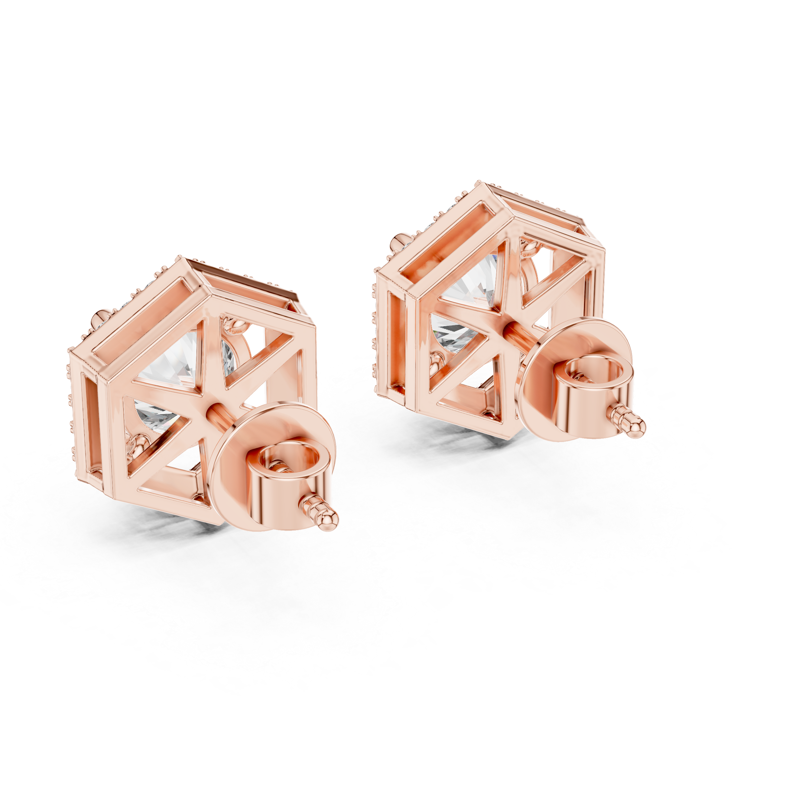 Hexagon Halo Round Shape Diamond Stud Earrings