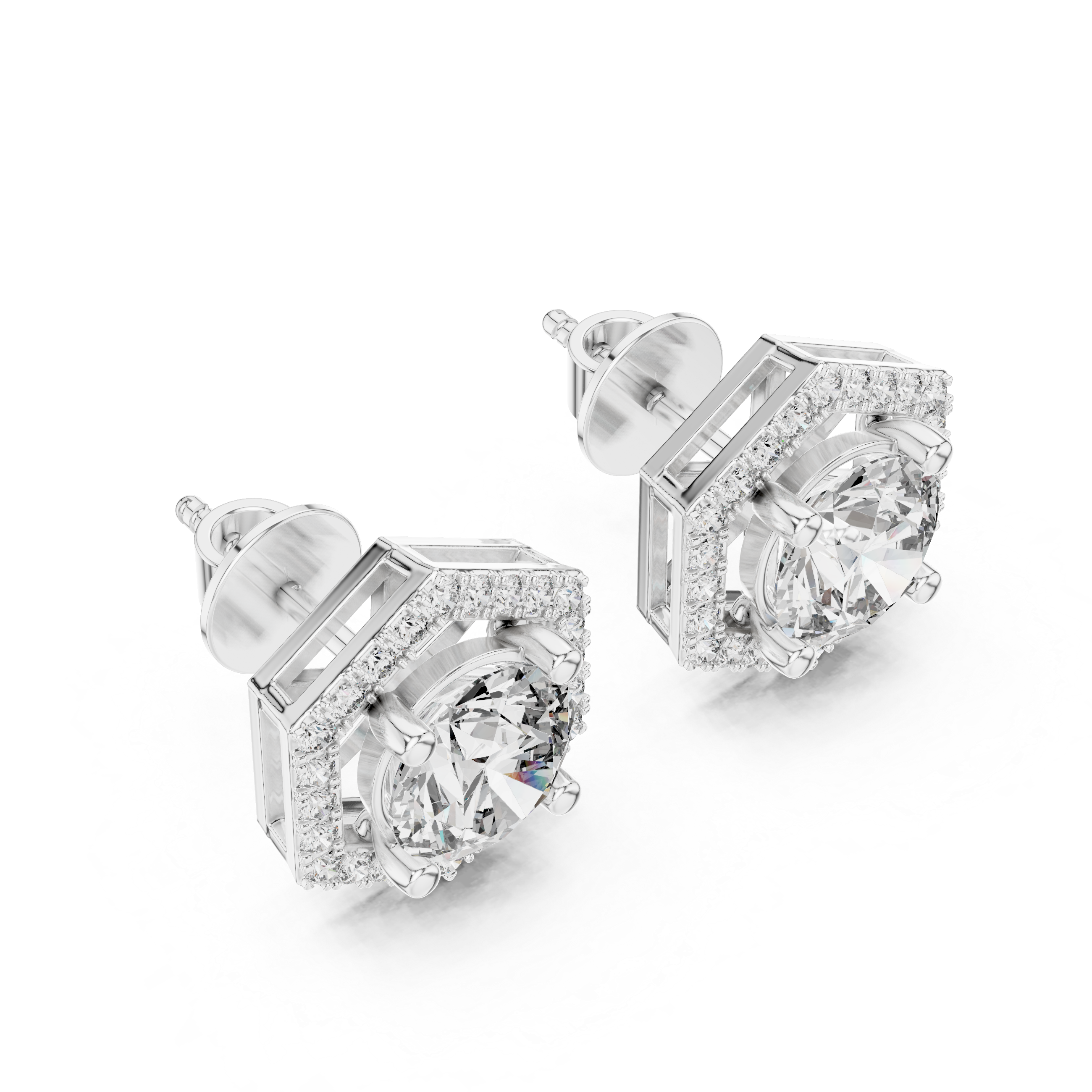 Hexagon Halo Round Shape Diamond Stud Earrings