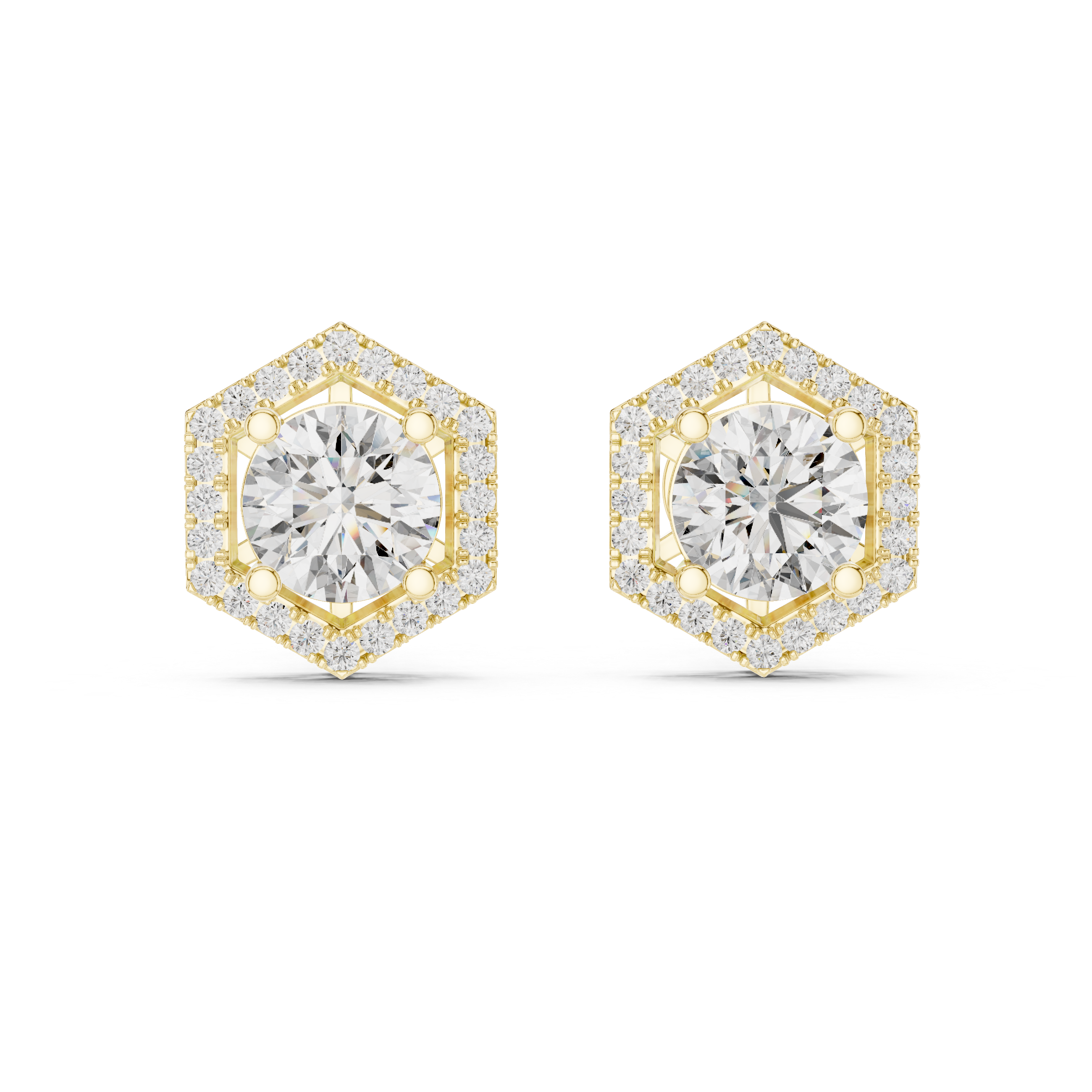 Hexagon Halo Round Shape Diamond Stud Earrings