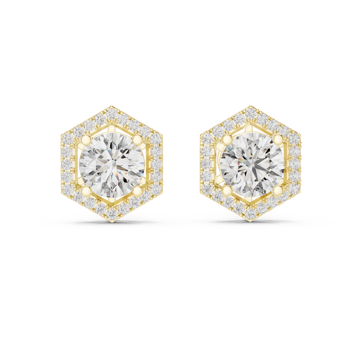 Hexagon Halo Round Shape Diamond Stud Earrings