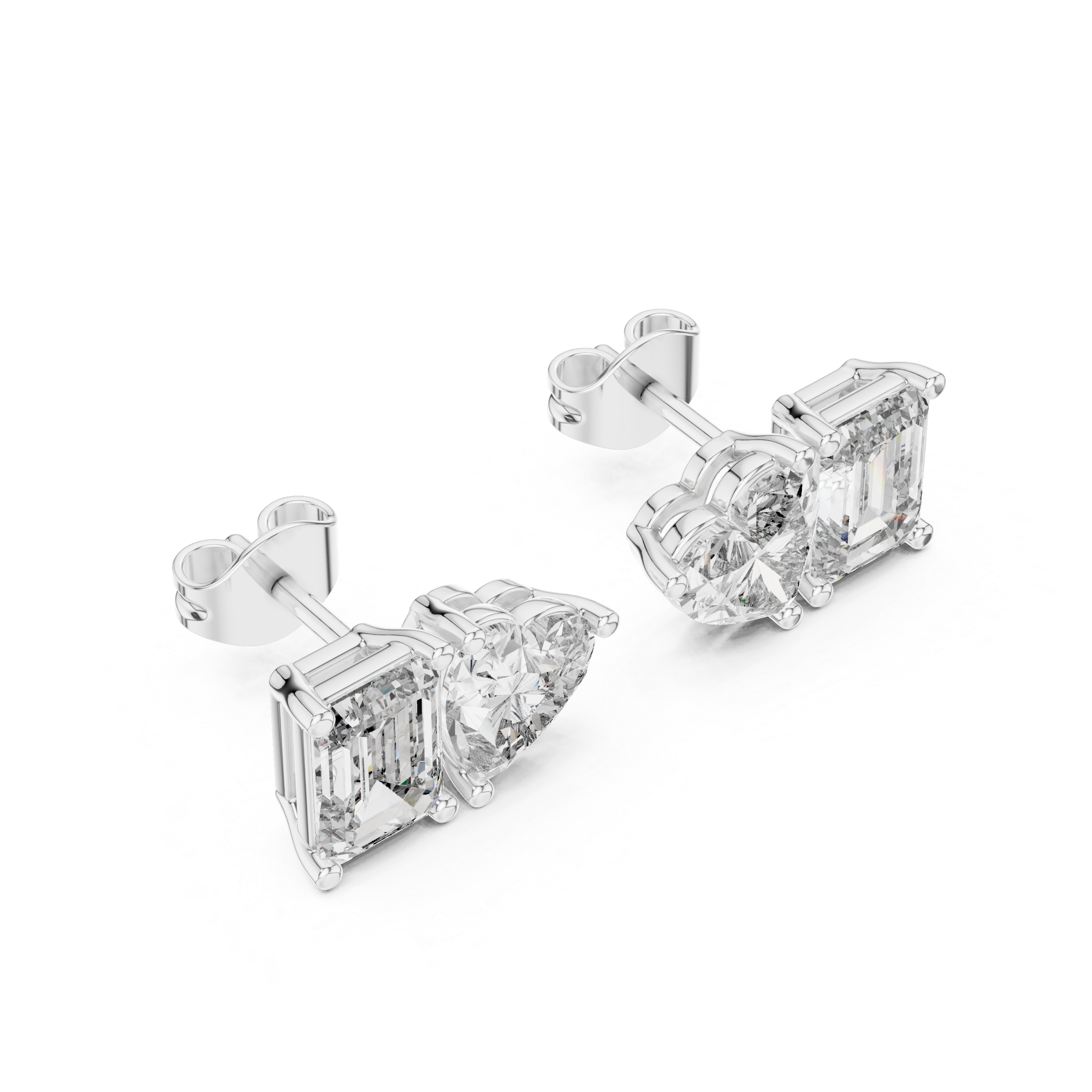 Emerald and Heart Cut Toi et Moi Stud Earrings