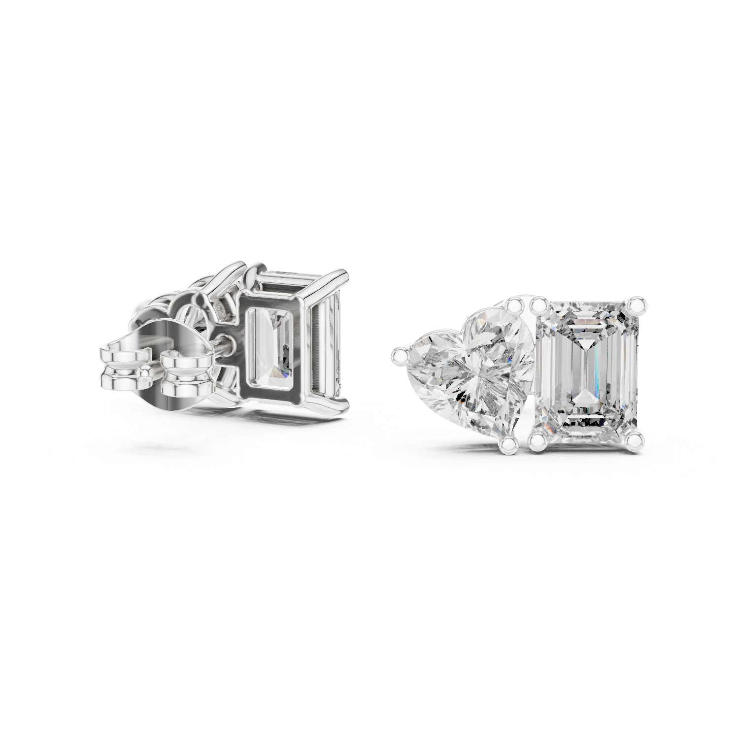 Emerald and Heart Cut Toi et Moi Stud Earrings