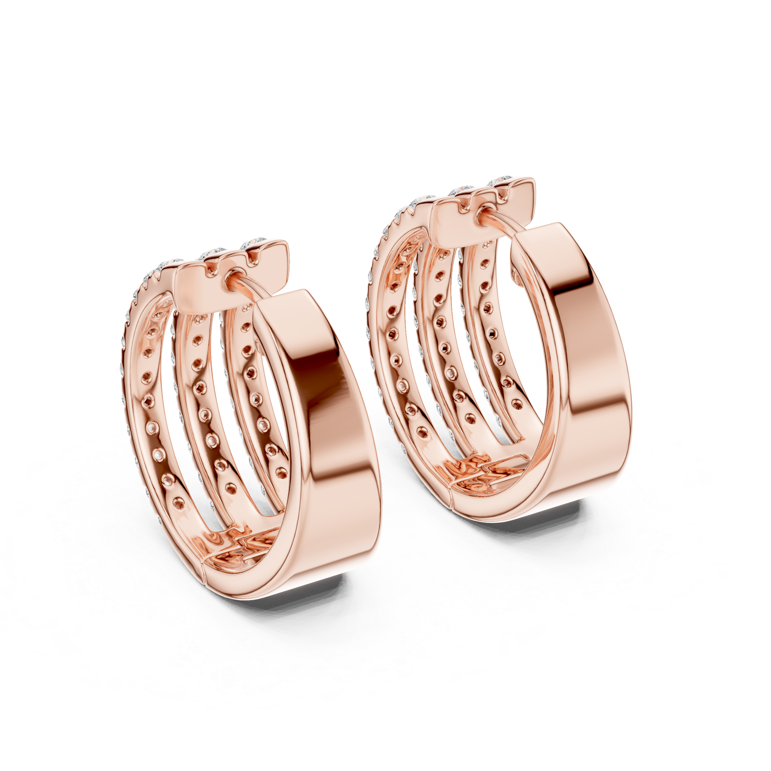 Triple Row Round Diamond Huggie Hoop Earrings