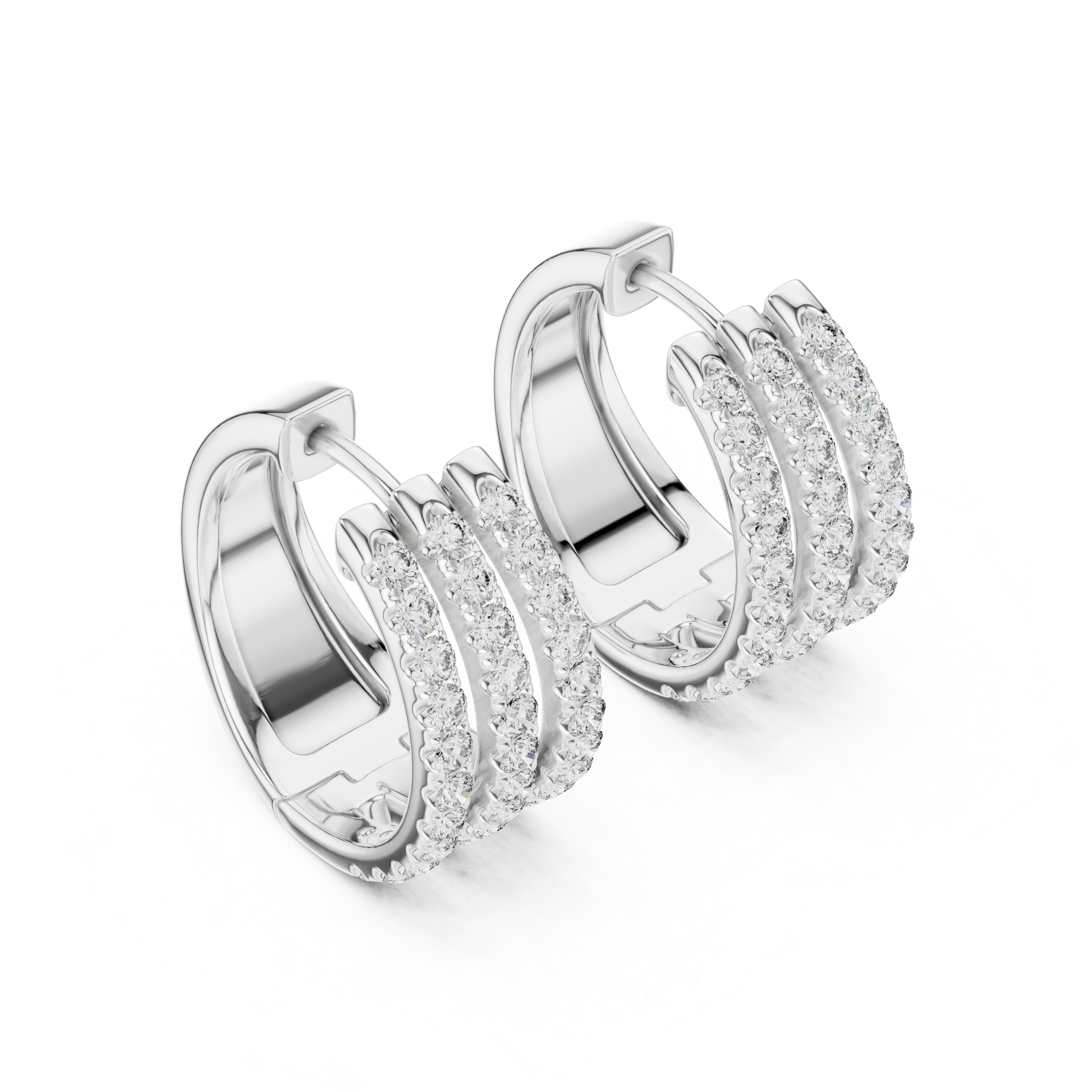 Triple Row Round Diamond Huggie Hoop Earrings