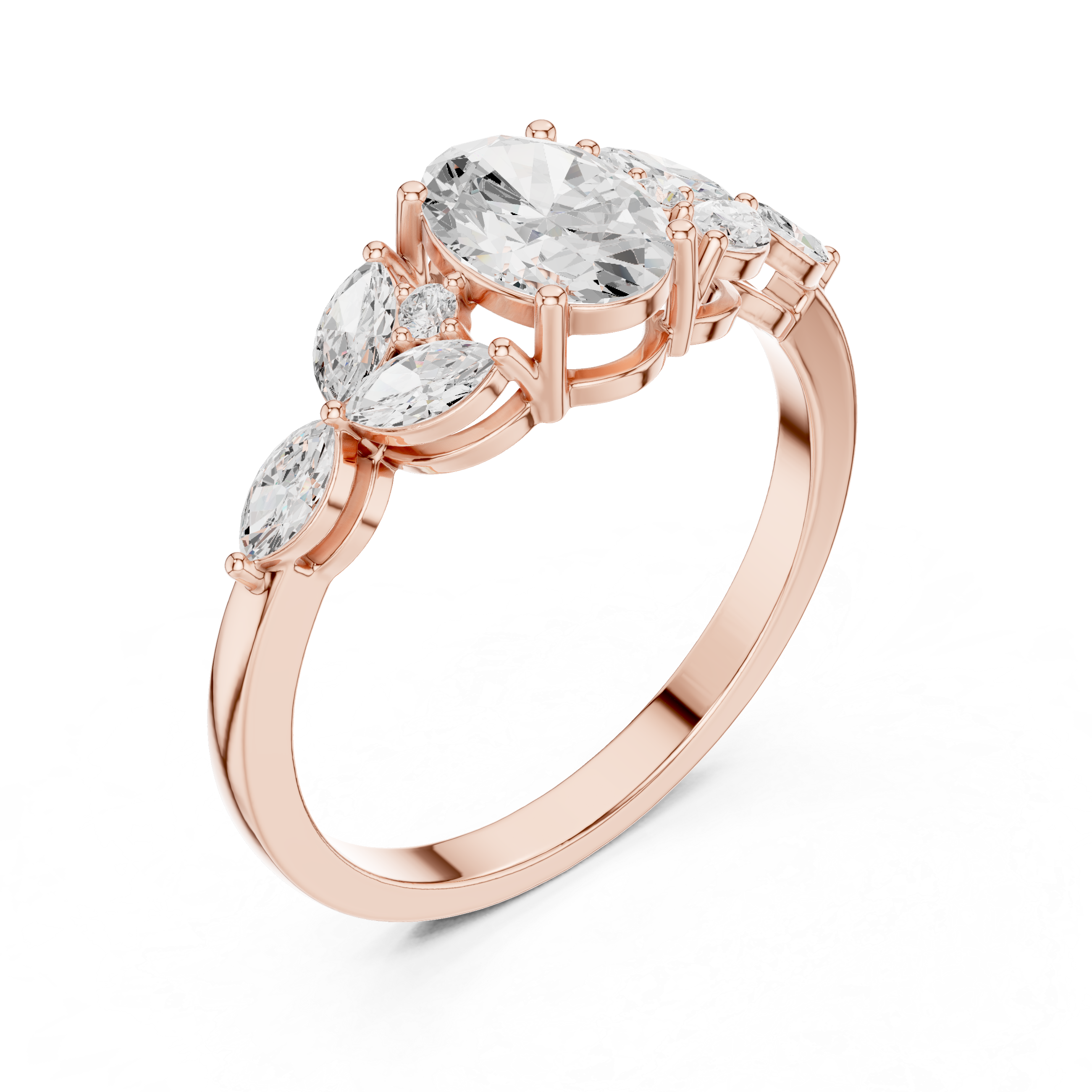 Oval Diamond With Marquise Floral Cluster Accents Ring