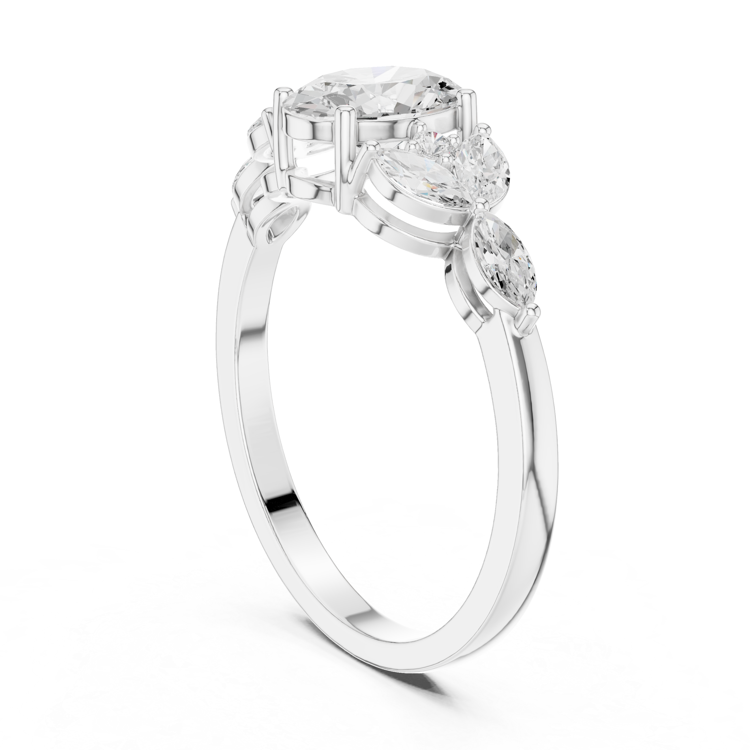 Oval Diamond With Marquise Floral Cluster Accents Ring