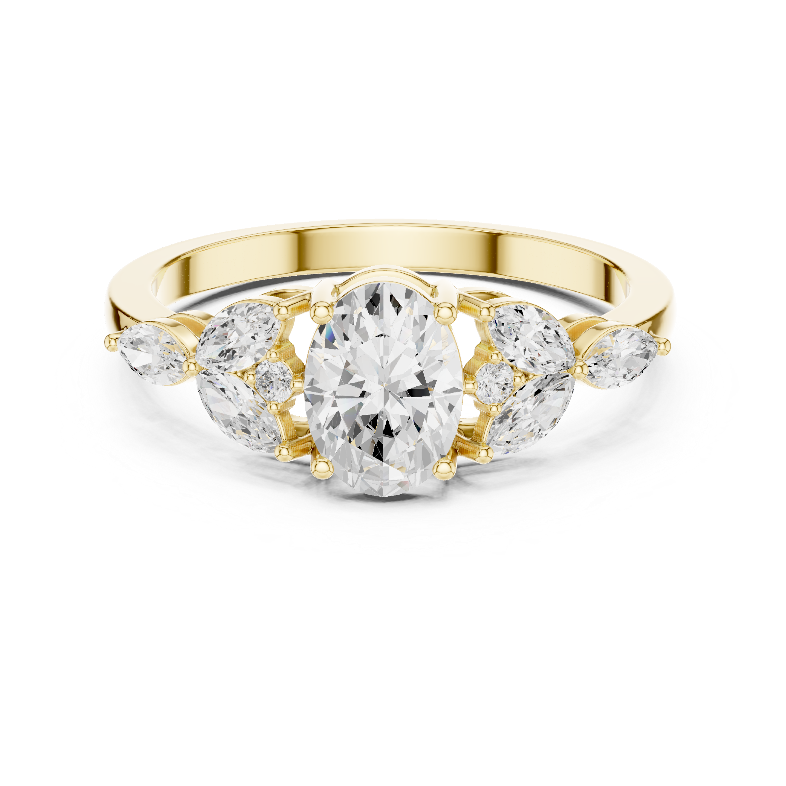 Oval Diamond With Marquise Floral Cluster Accents Ring