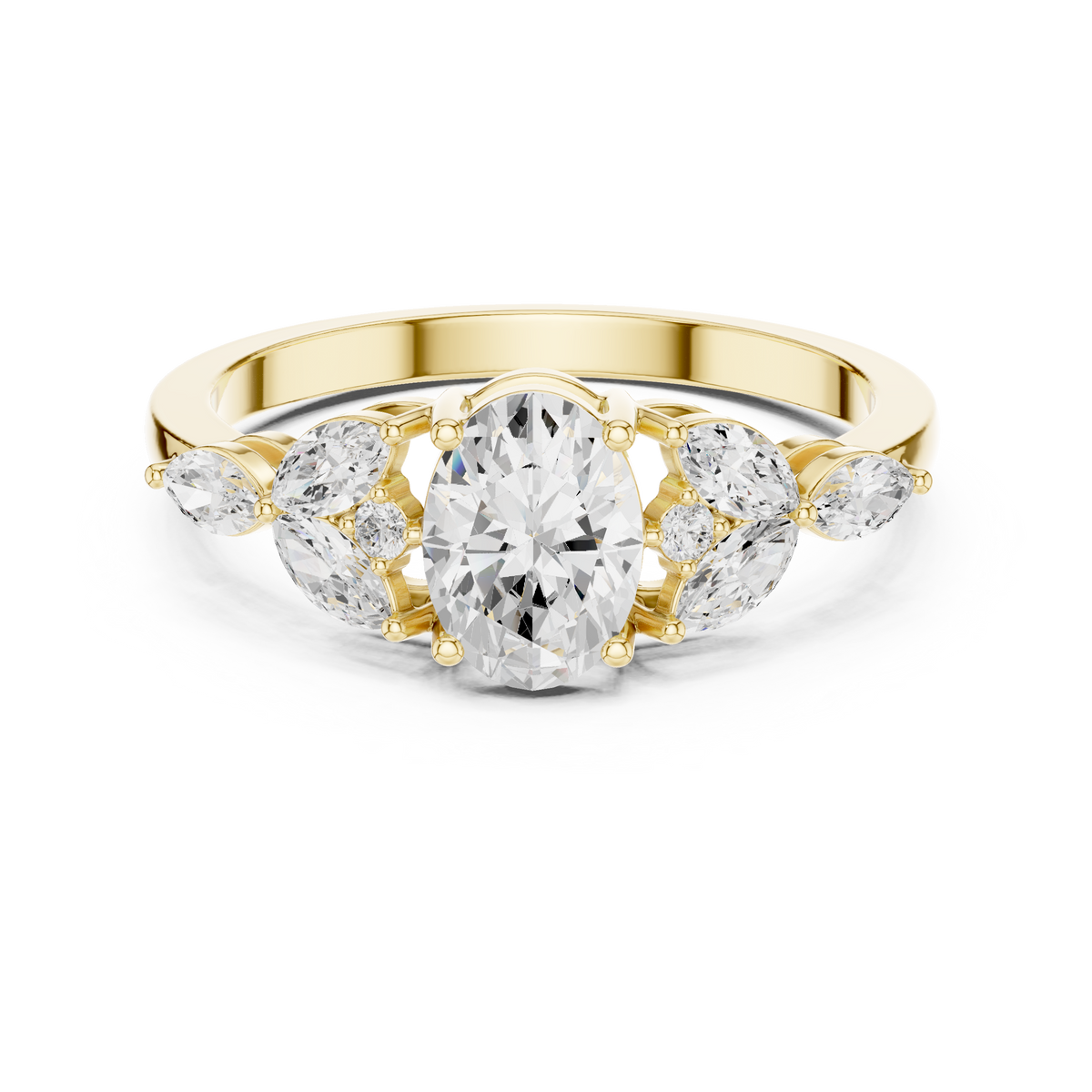Oval Diamond With Marquise Floral Cluster Accents Ring
