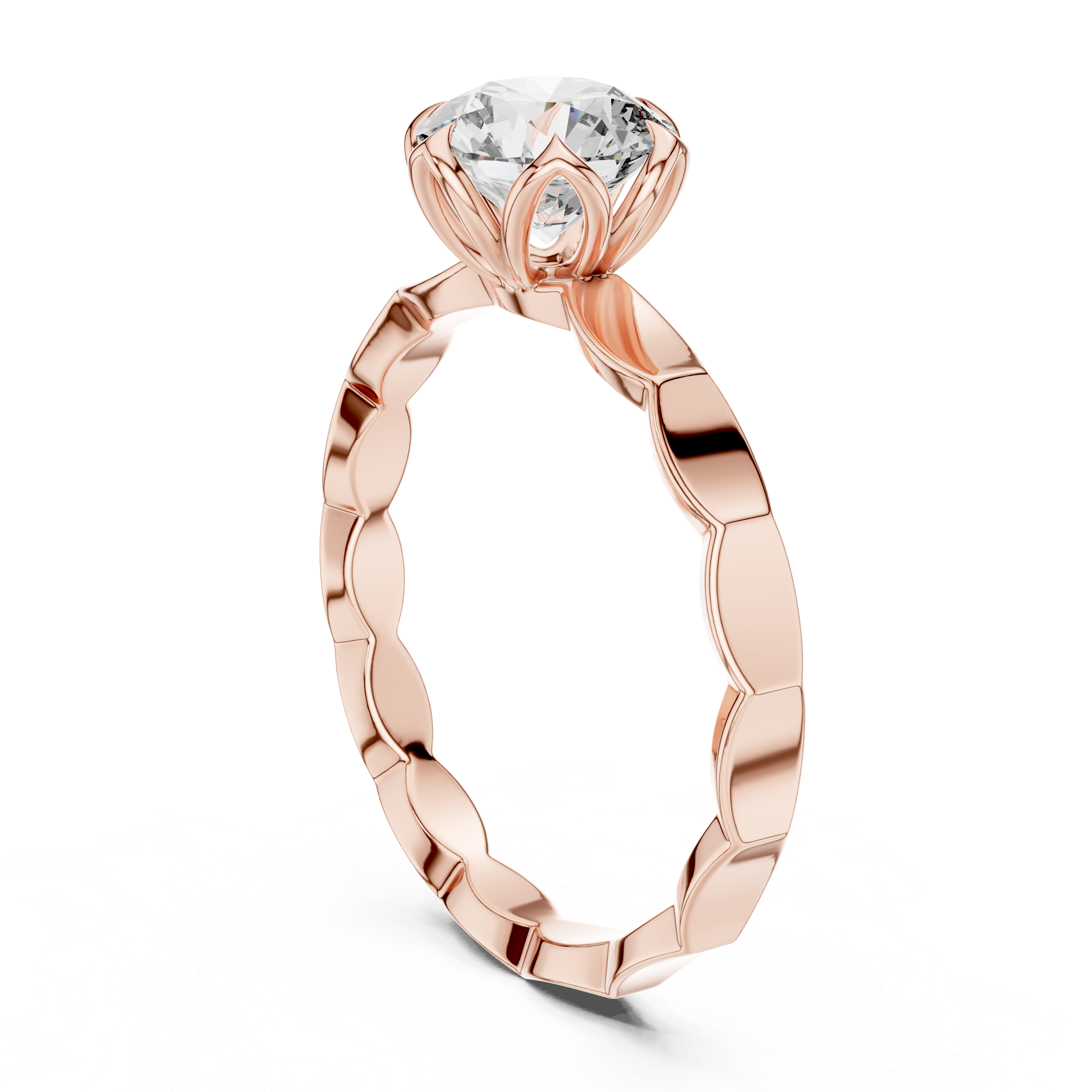 Round Cut Lab Diamond Engagement Ring With Scalloped Petal Band